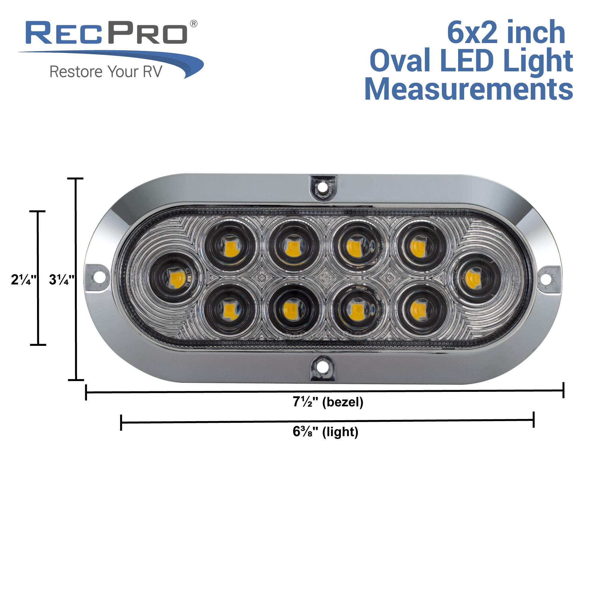 12 Pack Long Haul Clear/Red 6 Inch Oval Surface Mount LED Stop Tail Turn Lights with Chrome Bezel - Perfect for Trucks, Trailers & RVs | Durable, Bright & Weatherproof