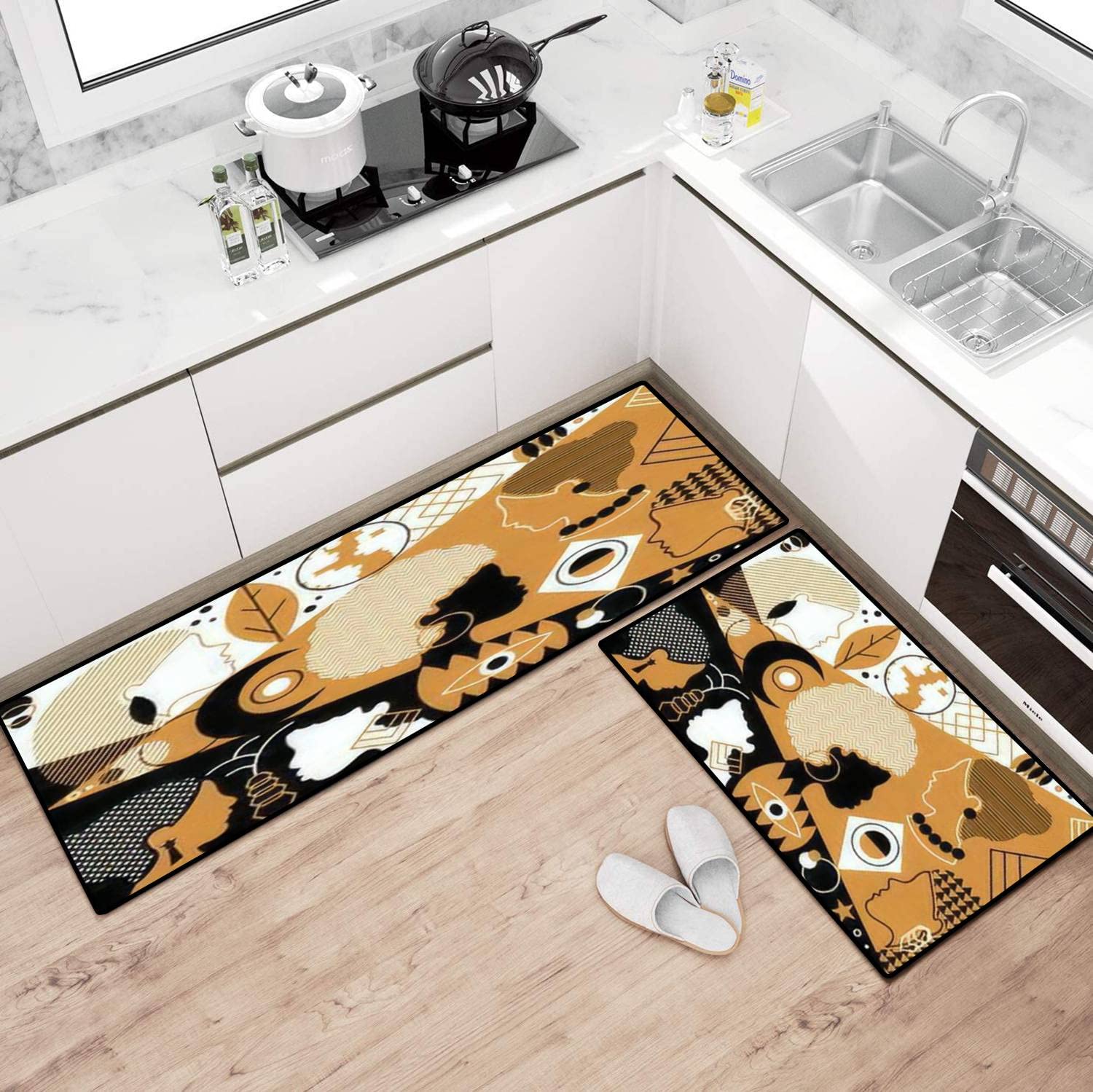 Stylish Non-Slip Kitchen Rugs Set with Retro Geometric Patterns - Washable Floor Mats for Kitchen, Bathroom & Entryway - Comfortable Standing Mats for Home Decor & Safety