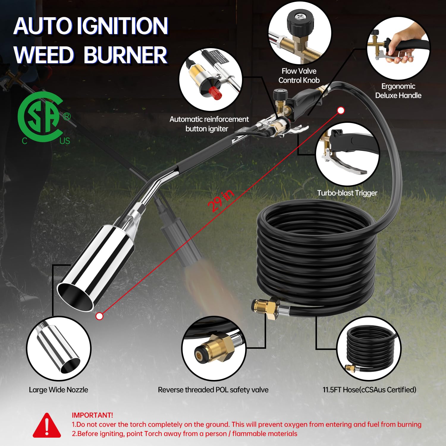 Portable Propane Torch Weed Burner Kit - 1,800,000 BTU High Output Garden Torch with 11.5FT Hose for Weed Control, Roof Asphalt Melting, Ice & Snow Removal, Road Marking & BBQ - Perfect for Gardening, Construction & Outdoor Maintenance