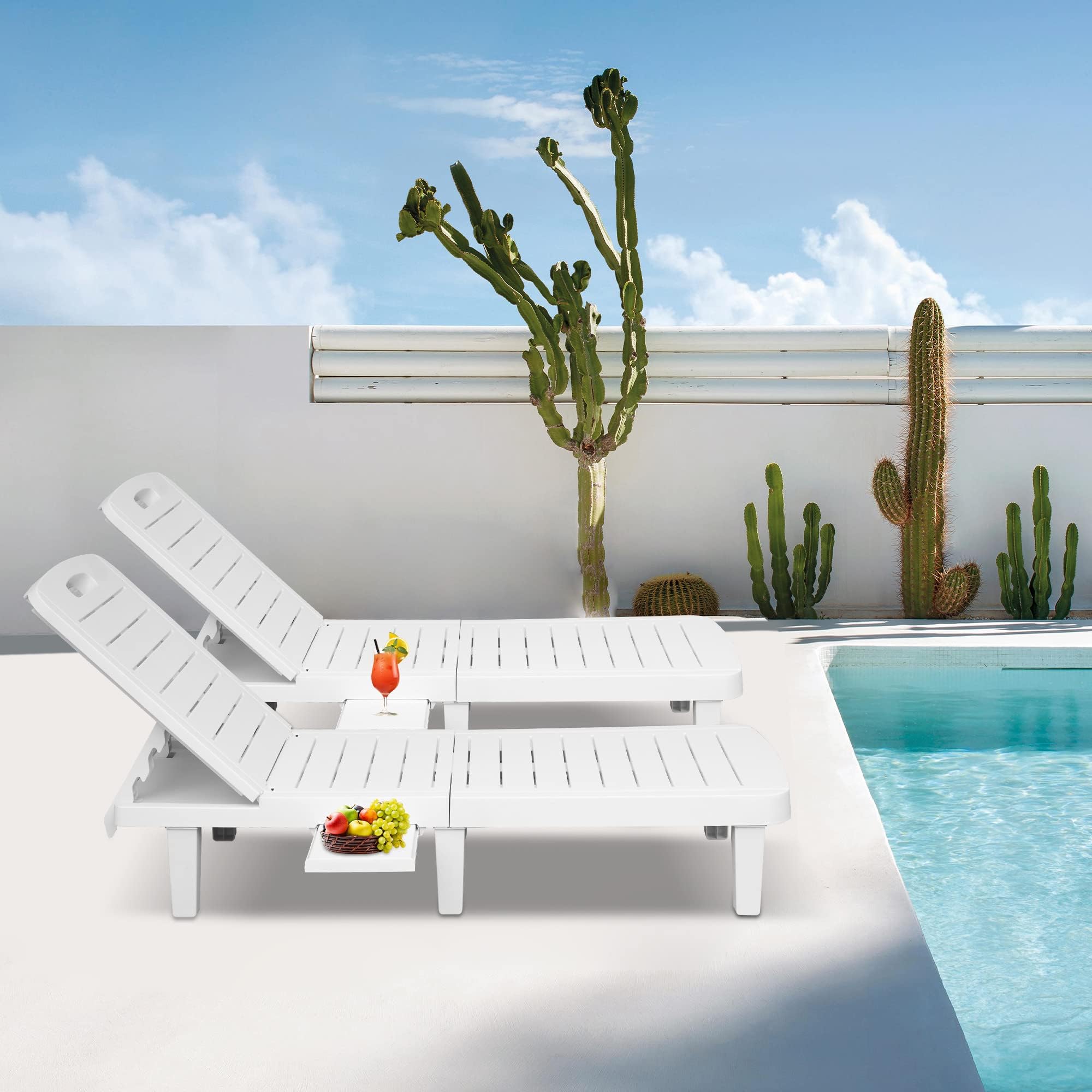 Premium White Patio Lounge Chairs Set of 2 - Adjustable Backrest Outdoor Chaise Lounges with Side Tray | Waterproof & Lightweight Plastic Poolside Chairs for Beach, Backyard, Garden | Perfect for Sunbathing, Relaxing by the Pool or Outdoor Lounging
