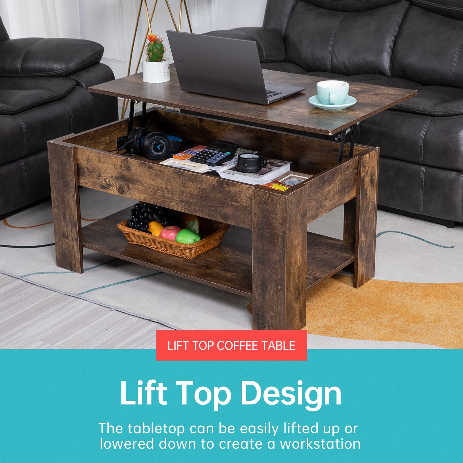 FDW Lift Top Coffee Table with Hidden Compartment & Storage Shelf - Solid Wood Lift Tabletop for Living Room, Office, Reception - Modern Brown Lift-Up Coffee Table for Small Spaces, Home Decor & Storage Solutions