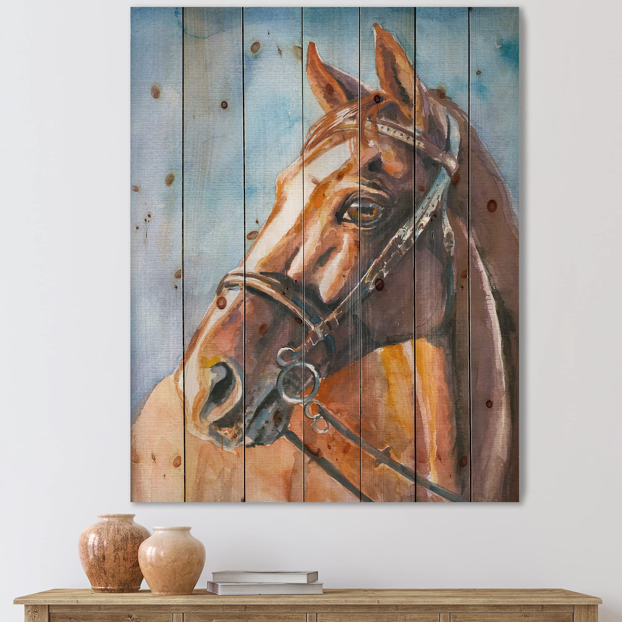 DesignQ Brown Horse Portrait Farmhouse Wood Wall Decor - Large Animal Wall Art Panel Printed on Natural Pine Wood - Perfect for Living Room, Bedroom & Country Home Decor