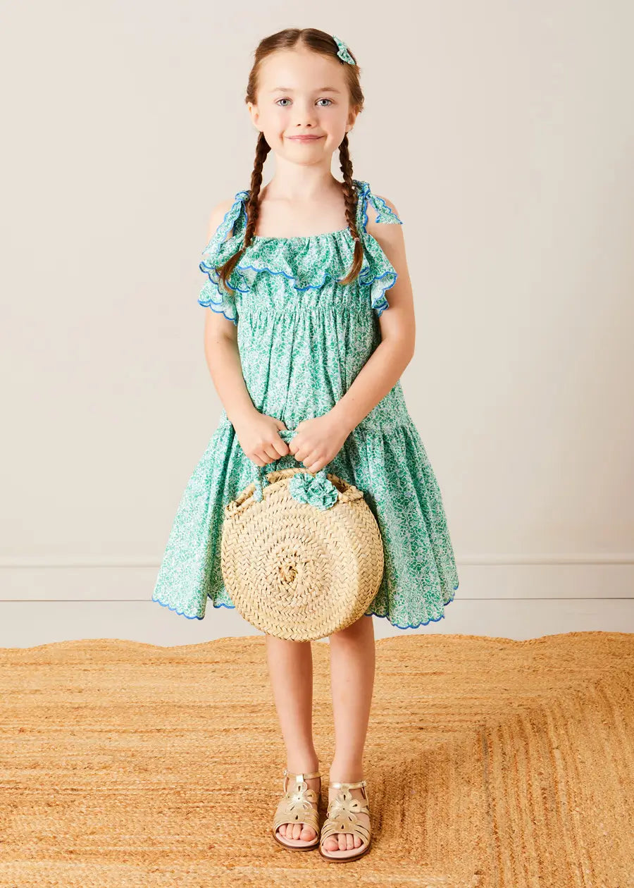 Adelaide Floral Tiered Tie Strap Dress for Girls 4-12 Years | Green Summer Dress with Adjustable Straps | Perfect for Birthday Parties, Family Gatherings & Outdoor Events