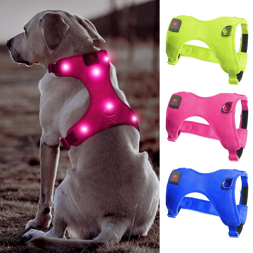 BSEEN Rechargeable LED Dog Harness - No Pull Reflective Vest with Light Up Safety Collar for Night Walking (Rose Red, Large) - Perfect for Evening Jogs, Camping & Low Visibility Conditions