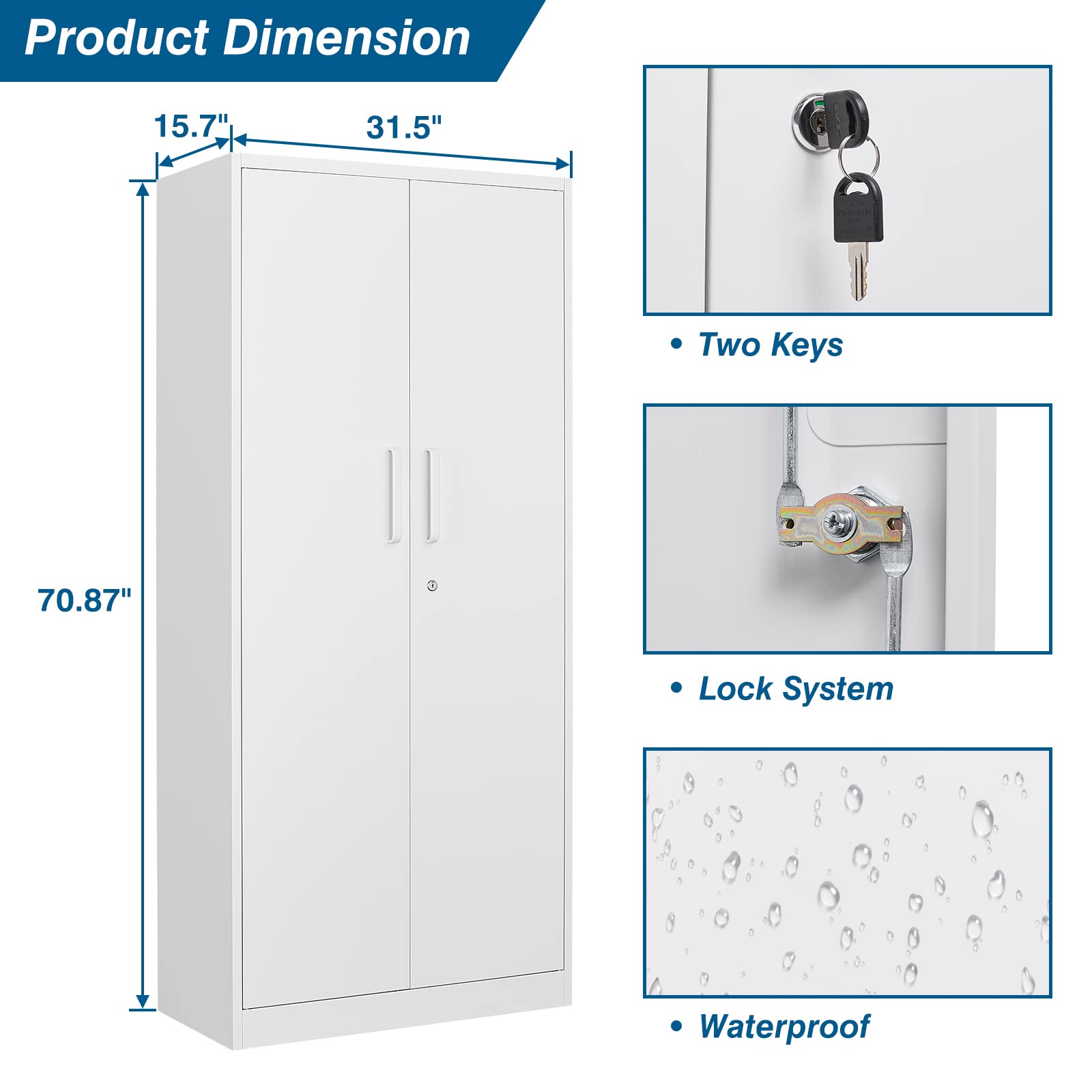 71-inch Tall Metal Garage Storage Cabinet with Adjustable Shelves & Locking Doors - Heavy Duty Tool Cabinet for Garage, Office, Home, School & Gym Organization (White) - Perfect for Storing Tools, Equipment & Supplies Safely
