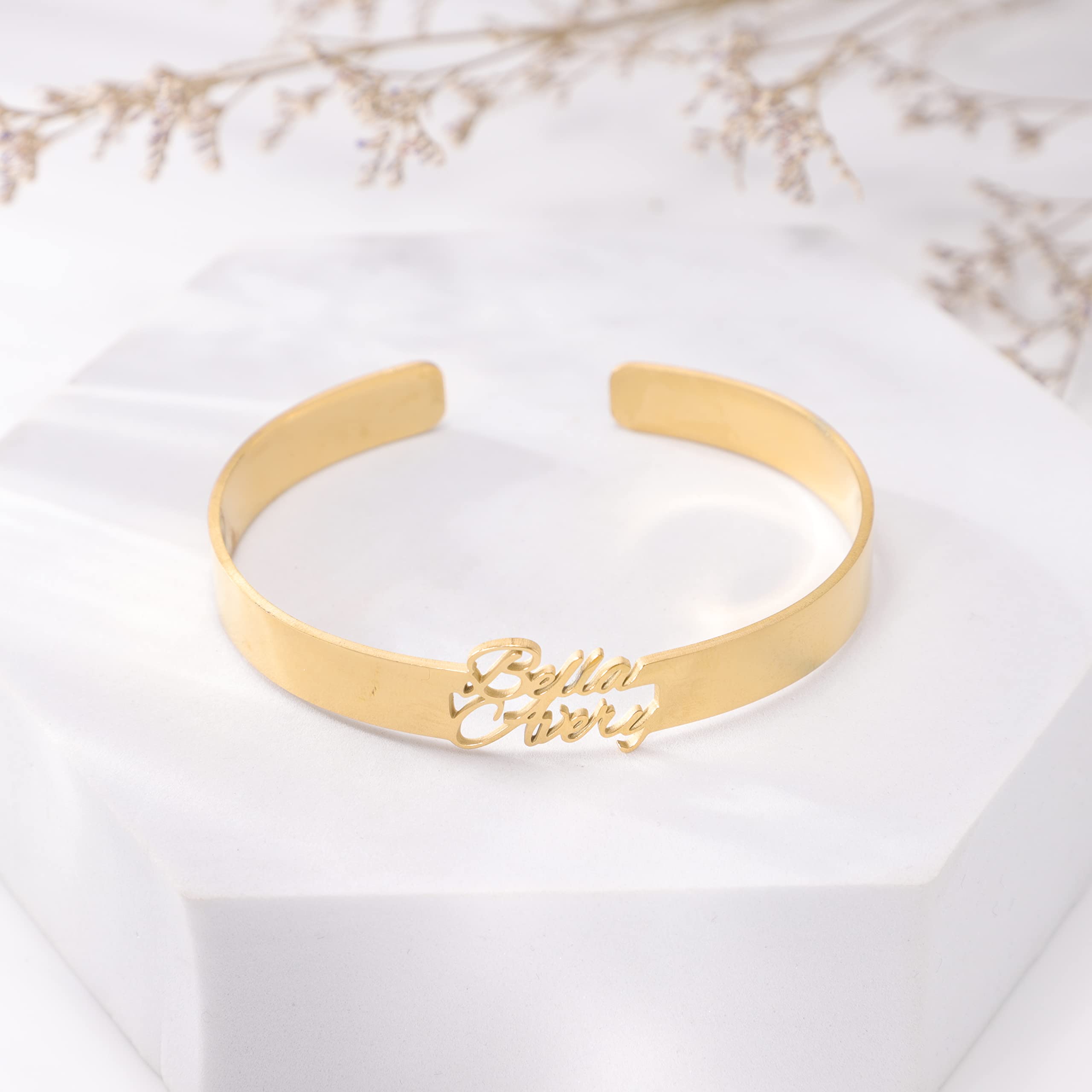Personalized Name Bracelets for Women - 18K Gold Custom Engraved Name Cuff Bangle Jewelry | Unique Gifts for Mom, Daughter, Wife | Perfect for Birthdays, Anniversaries & Special Occasions