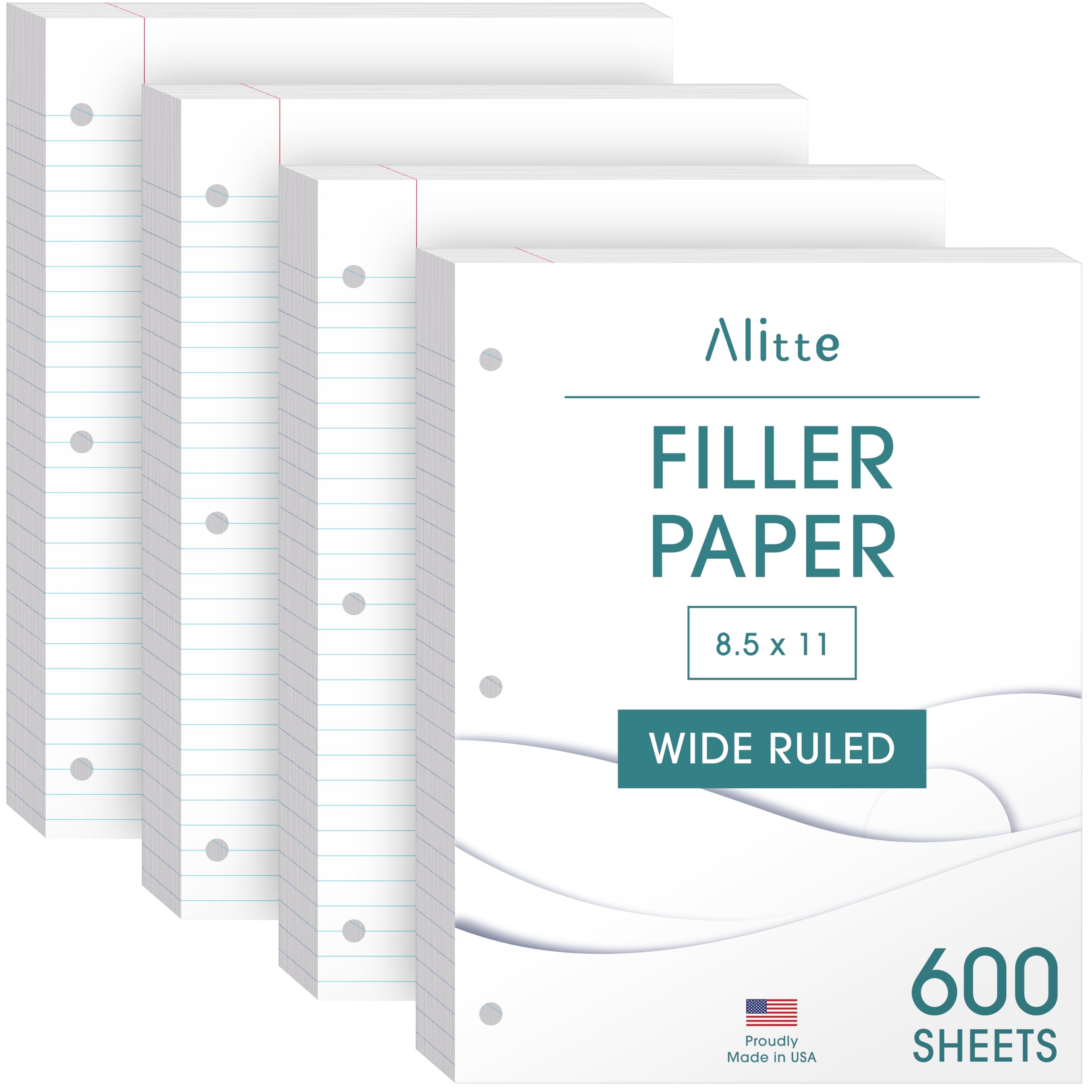 Wide Ruled Loose Leaf Paper - 600 Sheets (150/Pack) for Writing Notes - 3 Hole-Punch Filler Paper for Ring Binders & Pocket Folders - 8 x 10.5 White Paper - Perfect for School, College, Office & Homework Organization