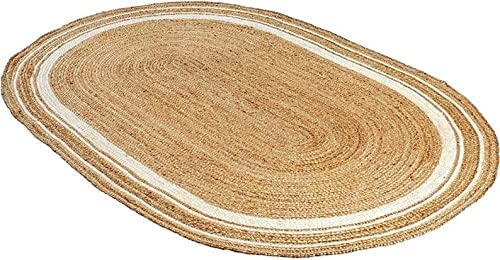 Handmade Jute Farmhouse Rug - 5x7 Feet Natural Braided Oval Area Rug for Living Room, Bedroom, Kitchen - Eco-Friendly Home Decor with White Line Accent - Perfect for Boho, Coastal & Rustic Style Homes