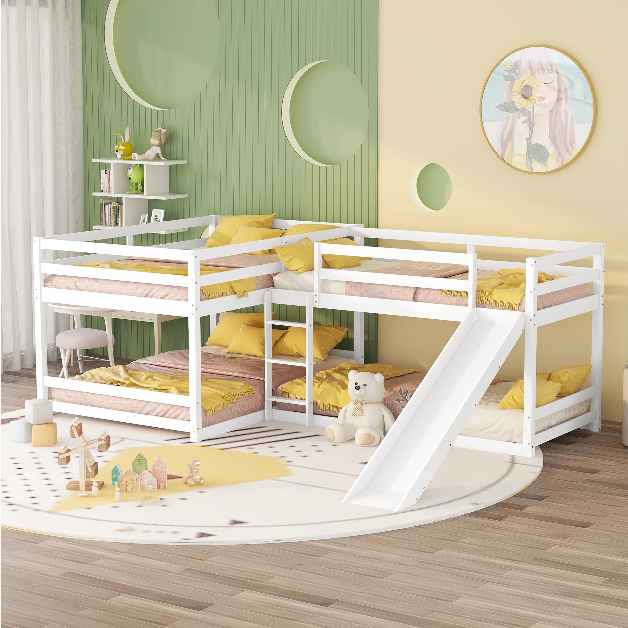 L-Shaped Wooden Quad Bunk Beds with Slide & Ladder - 4-in-1 Full & Twin Size Bunk Bed for Kids, Teens & Adults - Space-Saving Solution for Dormitories, Vacation Homes & Large Families (White)