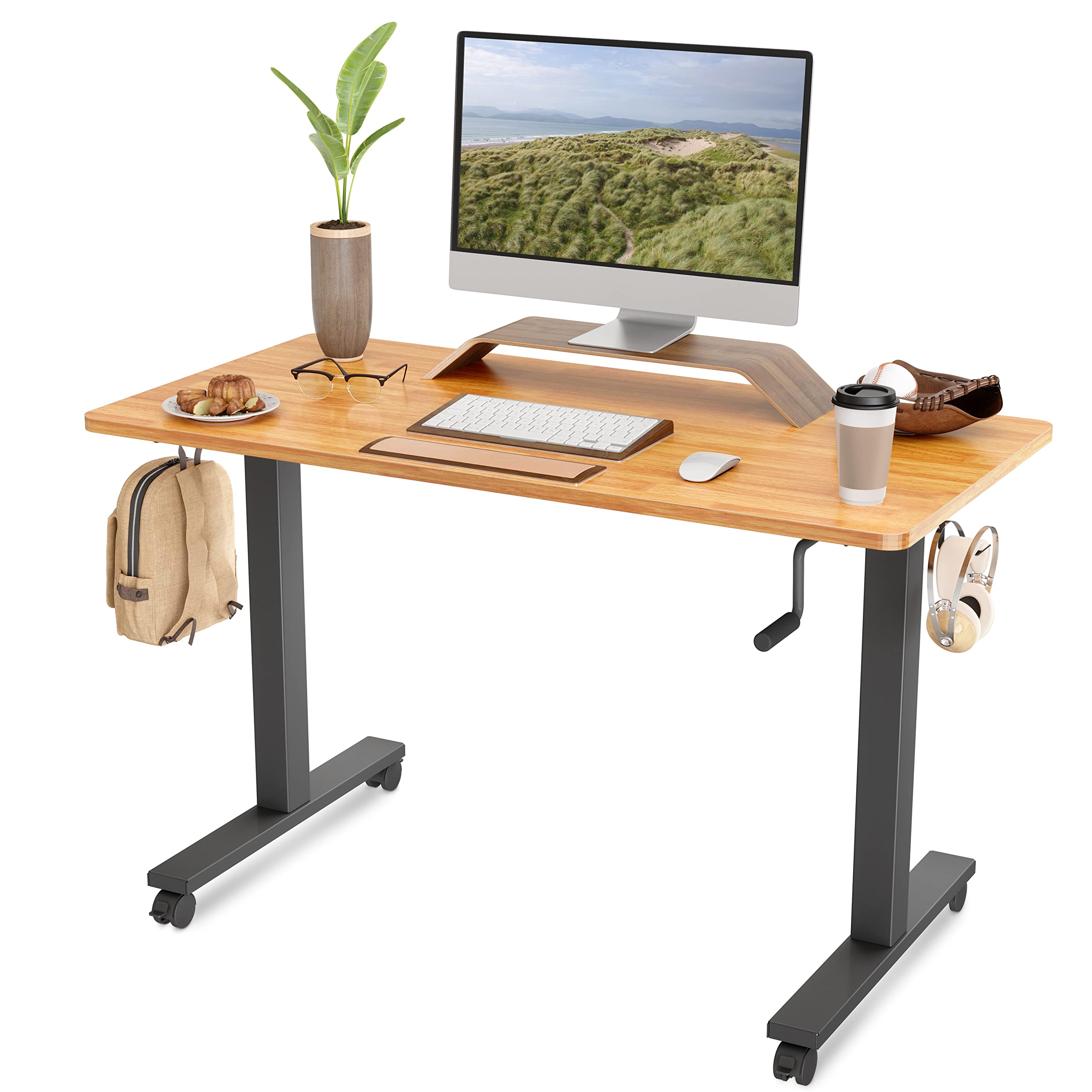 FEZIBO Manual Adjustable Height Standing Desk - 40 x 24 Inches Sit Stand Workstation with Crank Handle, Rubberwood Top & Black Frame for Home Office, Study, and Workspace Ergonomics