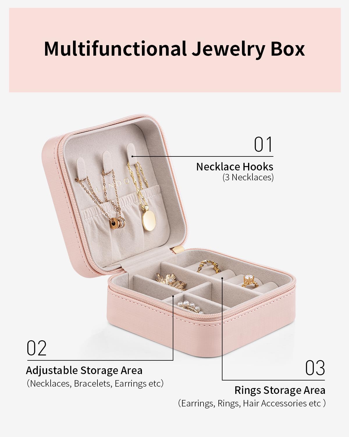 Vlando Pink Travel Jewelry Organizer Box - Portable Jewelry Case for Women & Girls, Perfect for Travel, Gifts, Christmas & Daily Storage | Compact & Stylish Jewelry Holder for Necklaces, Rings & Earrings