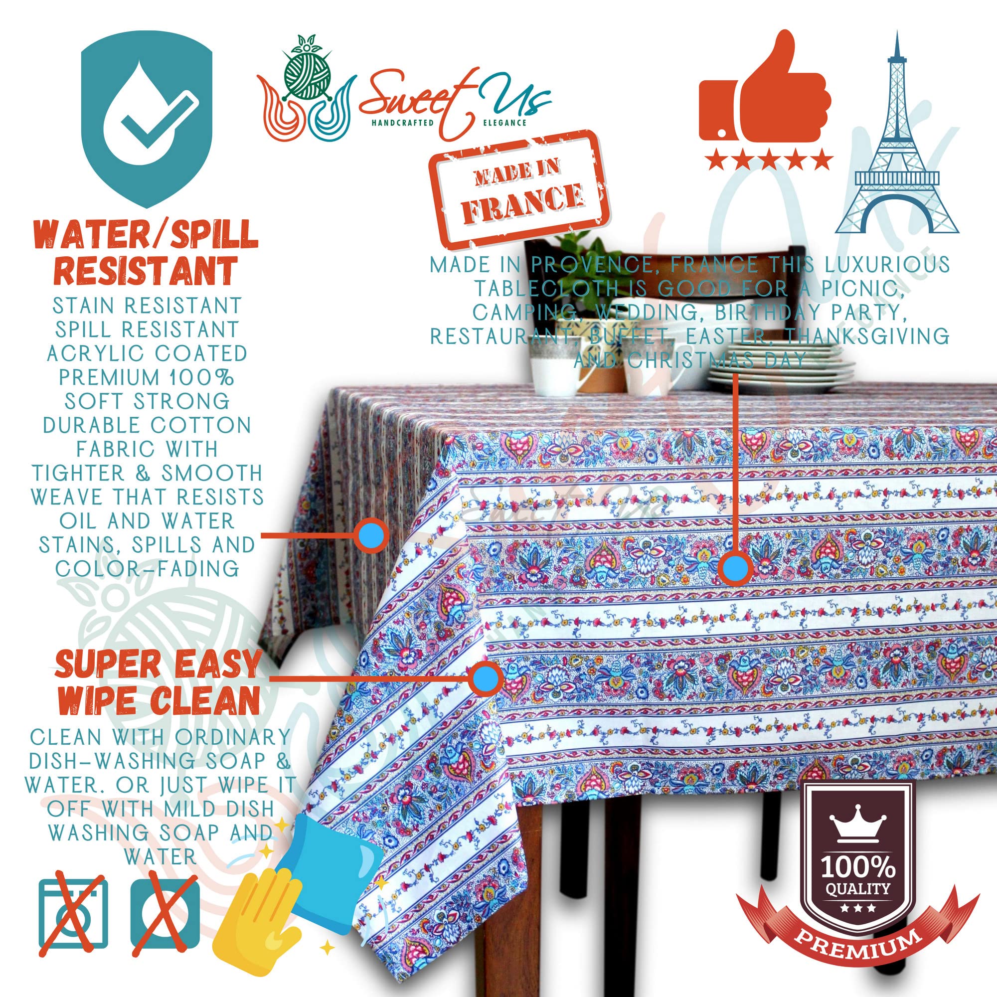Spill-Resistant Wipeable Acrylic Coated Floral Cotton Tablecloth - French Provencal Style 60x116 Inches Rectangle Table Cover in White Indienne Florale Design - Perfect for Dining Room, Kitchen, Outdoor Picnics & Special Occasions
