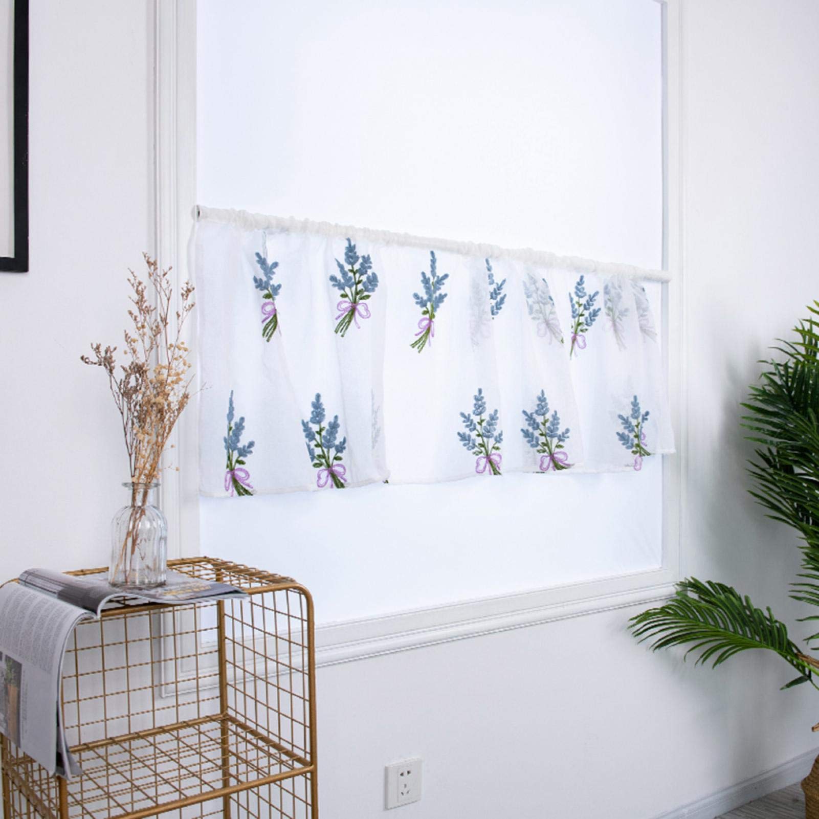 Short Kitchen Curtains with Blue Bouquet Embroidery - Half Tier Cafe Curtains for Windows, Cabinets, Bedroom & Hotel Decor