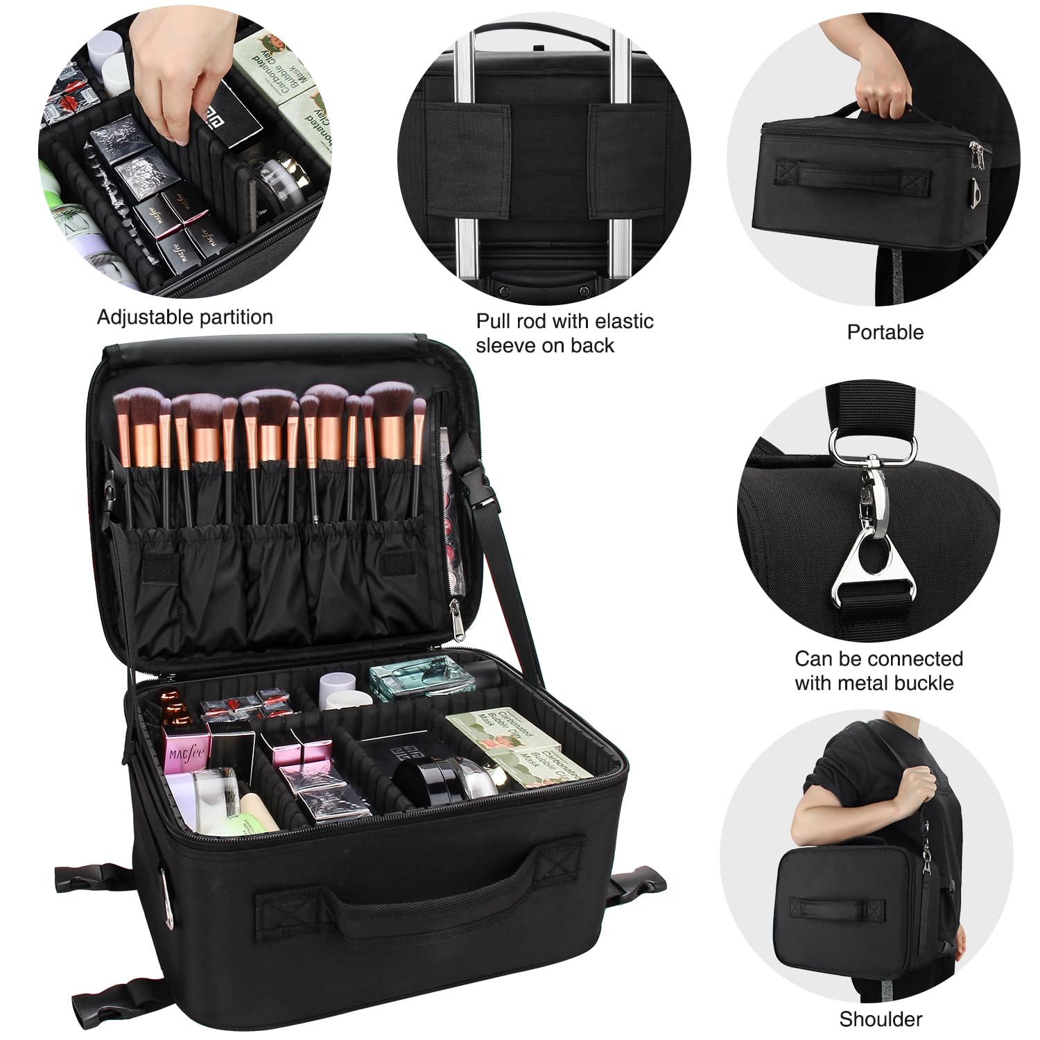 Relavel Professional Rolling Makeup Train Case - 4-in-1 Travel Cosmetic Organizer with Detachable Case, Dual Brush Holder & Wheels (Black, 4-Pack) - Perfect for Makeup Artists, Salon Professionals & Beauty Enthusiasts On-The-Go