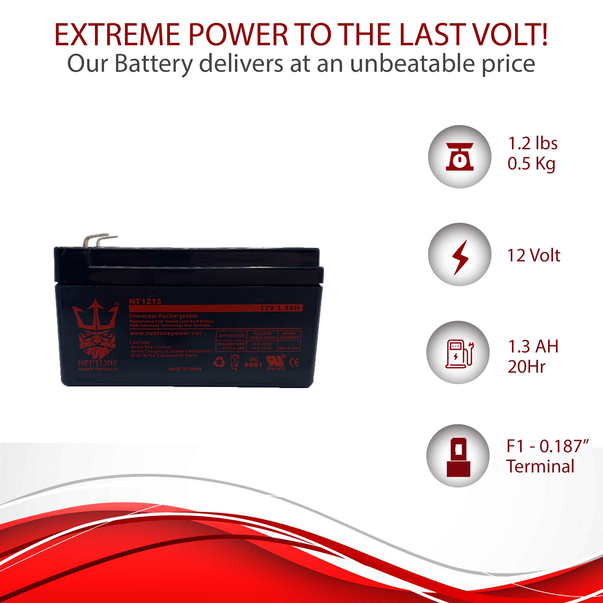 Neptune Power 12V 1.3Ah Rechargeable SLA Battery Replacement for Power-Sonic PS1212 - Perfect for Security Systems, Emergency Lighting & Backup Power Applications
