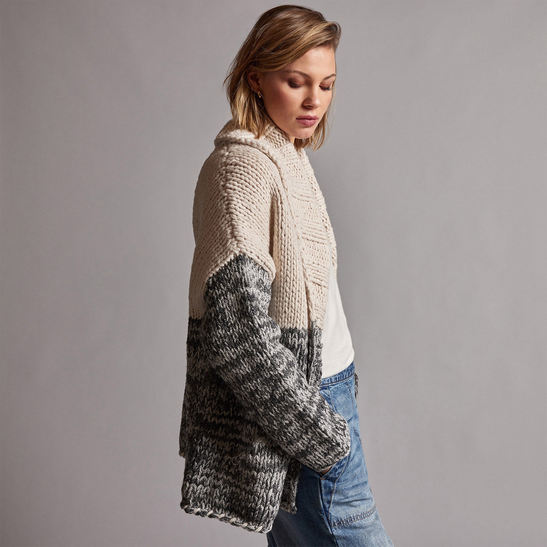 Chunky Knit Cardigan for Women - Soft Ivory & Grey Marl Oversized Sweater | Cozy Fall & Winter Layering, Casual Outfits, Lounge Wear