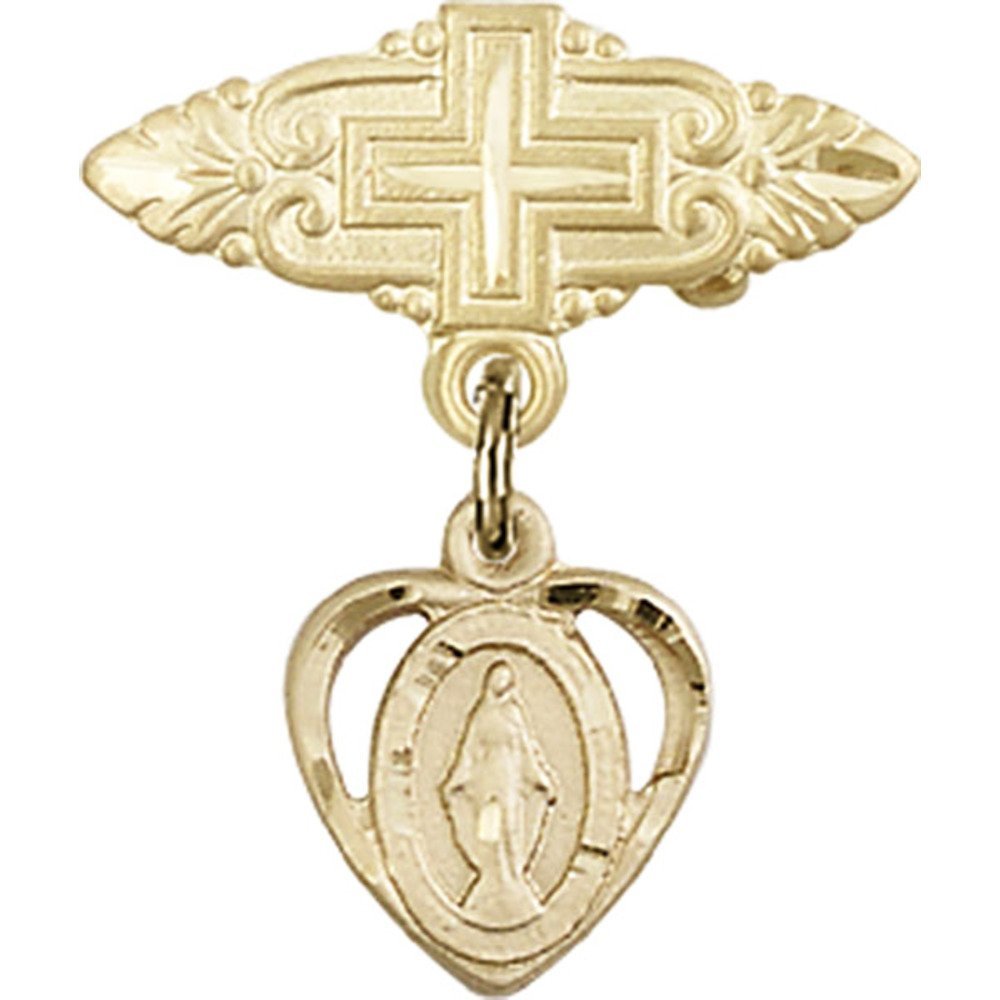Bonyak Jewelry Gold Filled Saint Medal with Miraculous Charm & Cross Badge Pin - 7/8 X 3/4 Inch Religious Jewelry for Baptism, First Communion & Everyday Faith Wear