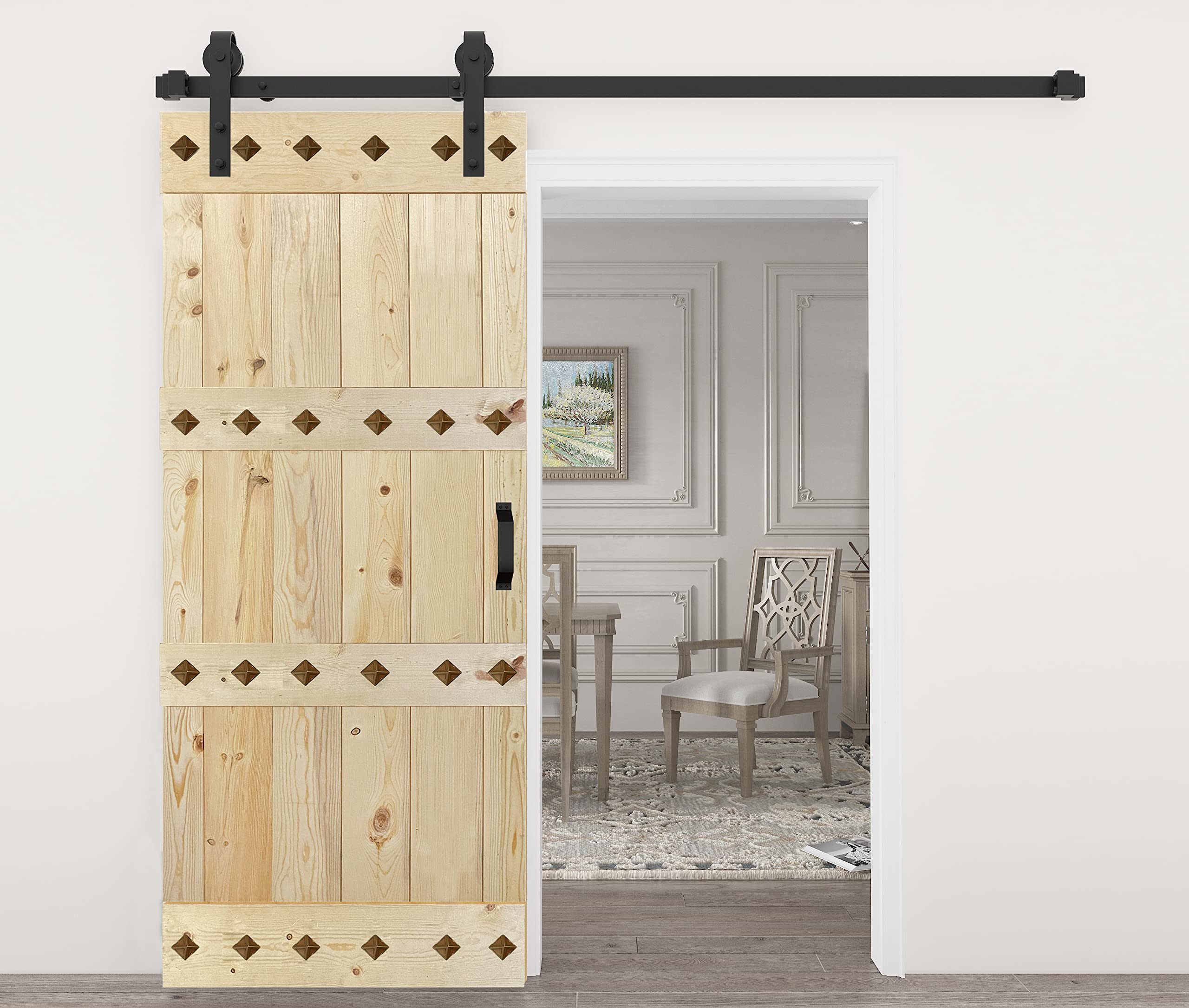 38in x 84in Knotty Pine Wood Sliding Barn Door - Mid-Century Style Interior Door with Pre-Drilled Holes & Hardware Kit (Unfinished) - Perfect for Bedrooms, Closets, and Farmhouse Style Homes