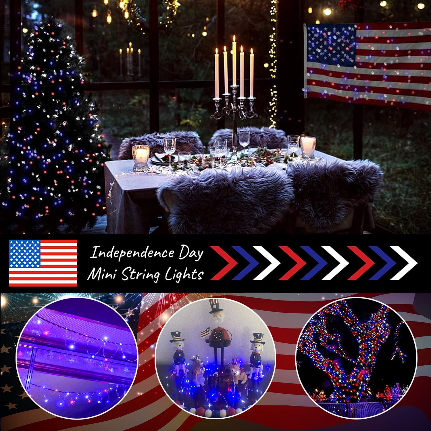 4th of July Patriotic Decorations - Solar Powered Outdoor String Lights (2 Pack) | 100 LED Red White & Blue Waterproof Fairy Lights (33ft Each, IP67) | 8 Lighting Modes for Memorial Day, Garden, Patio & Yard Decor | Perfect for Summer BBQs, Pool Parties & National Holiday Celebrations