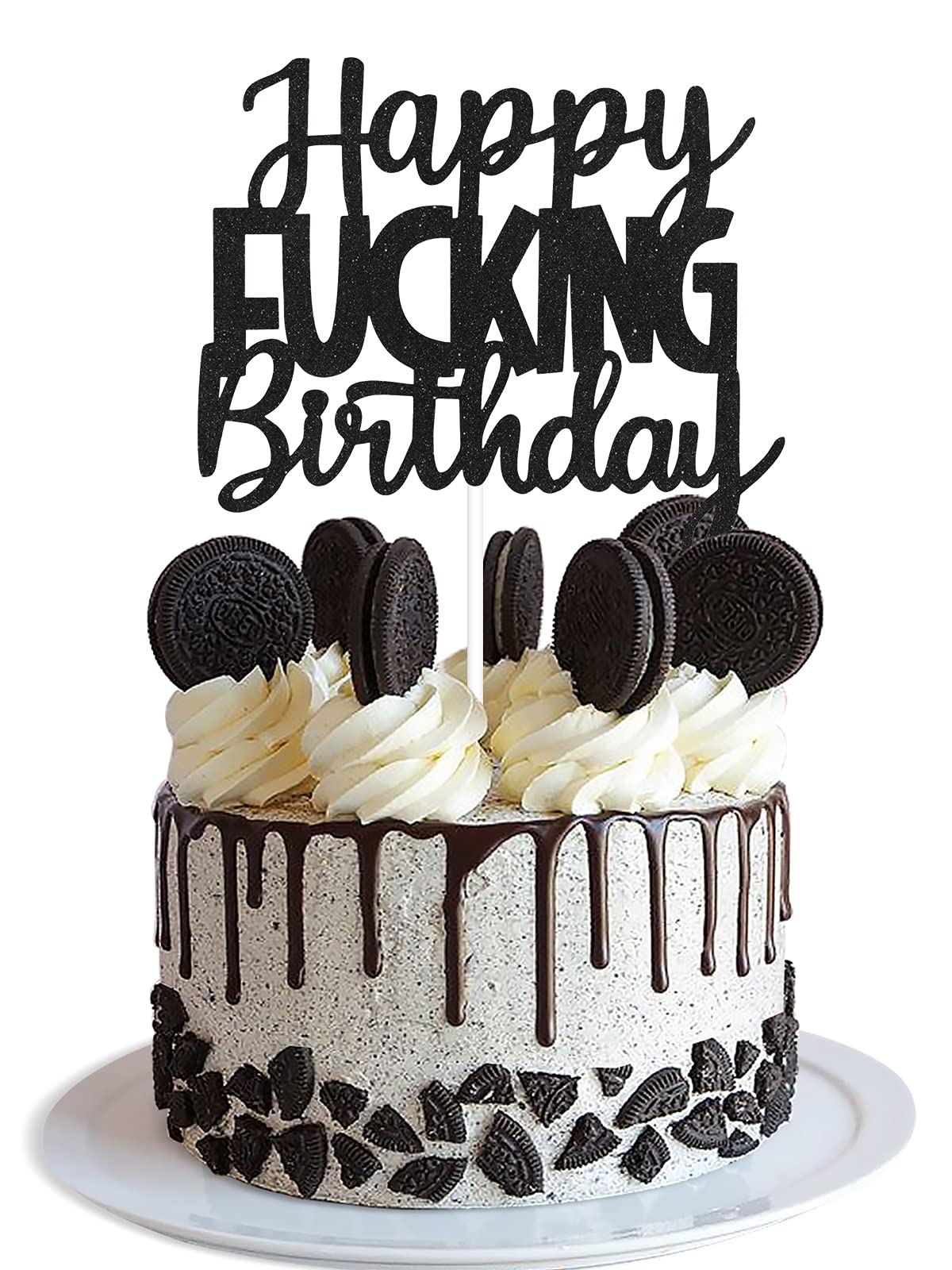 Funny Happy F**king Birthday Cake Topper - Black Glitter Fabulous Cake Decorations for Adult Birthday Parties | Perfect for Bachelorette, Milestone Birthdays & Office Celebrations