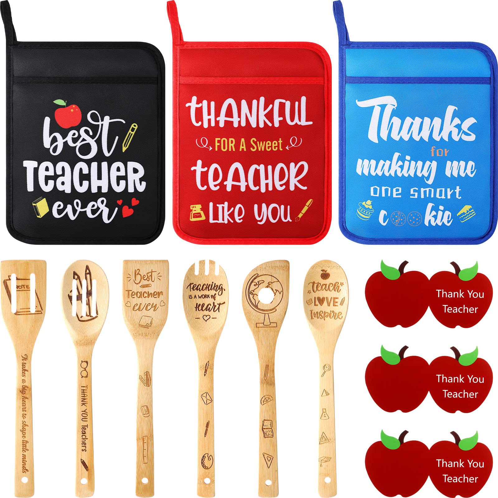 Remerry 12-Piece Teacher Appreciation Gift Set - 3 Heat-Resistant Potholders, Oven Mitt, 6-Piece Bamboo Kitchen Utensil Set & 3 Thank You Cards - Perfect Cooking & Baking Gifts for Women Teachers