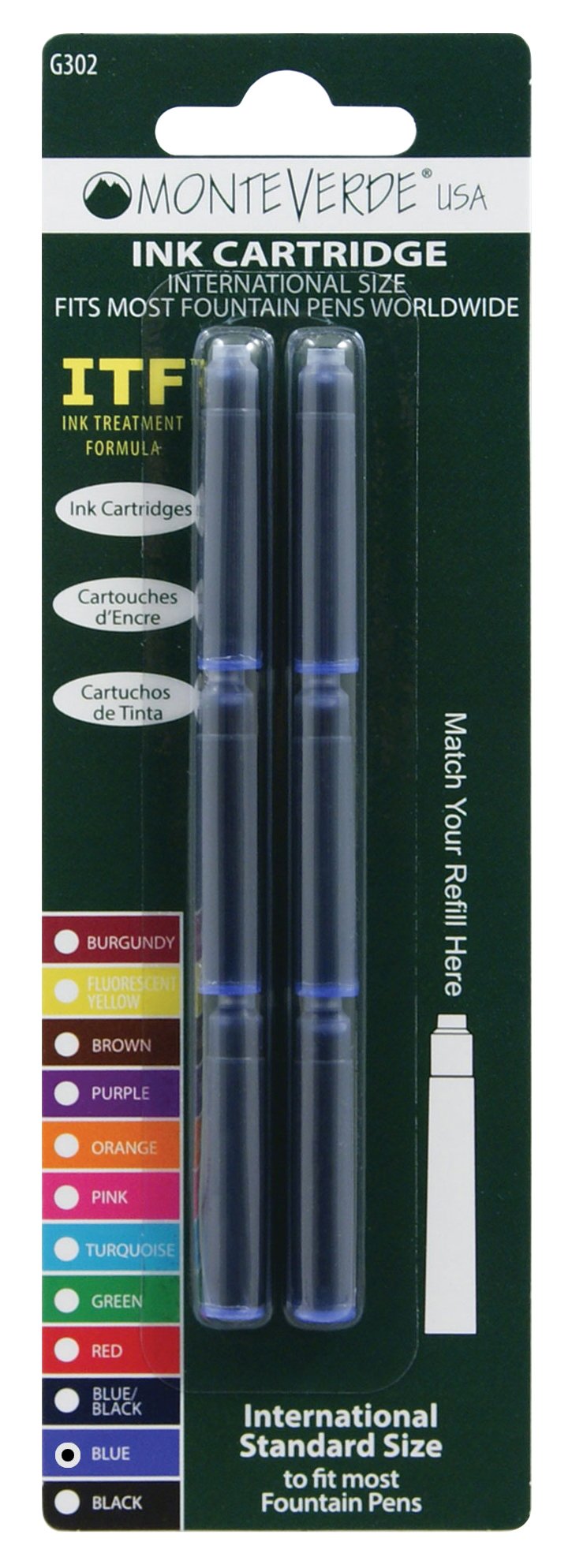 Monteverde International Standard Fountain Pen Ink Cartridges - Blue Ink, 6-Pack (G302BU) | Perfect for Everyday Writing, Calligraphy & Office Use