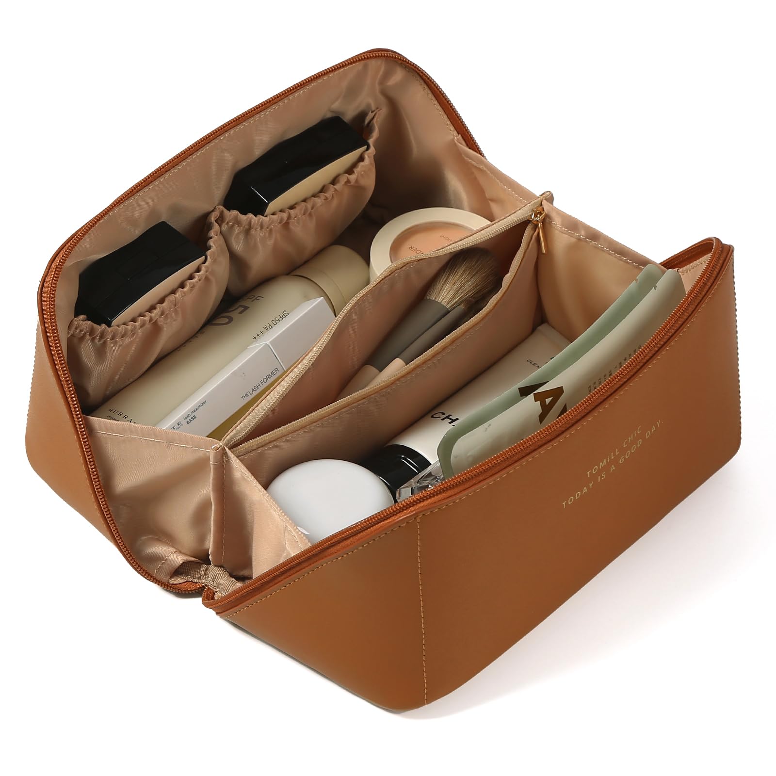 Waterproof PU Leather Travel Makeup Bag for Women - Large Capacity Open Flat Cosmetic Organizer with Divider & Handle | Perfect for Airplane Carry-on, Gym Essentials & Toiletry Storage