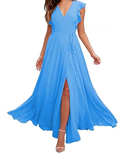 HellodayZ Women's Elegant V-Neck Ruffled Chiffon Long Bridesmaid Dress with High Slit - Perfect for Weddings, Evening Parties & Formal Occasions