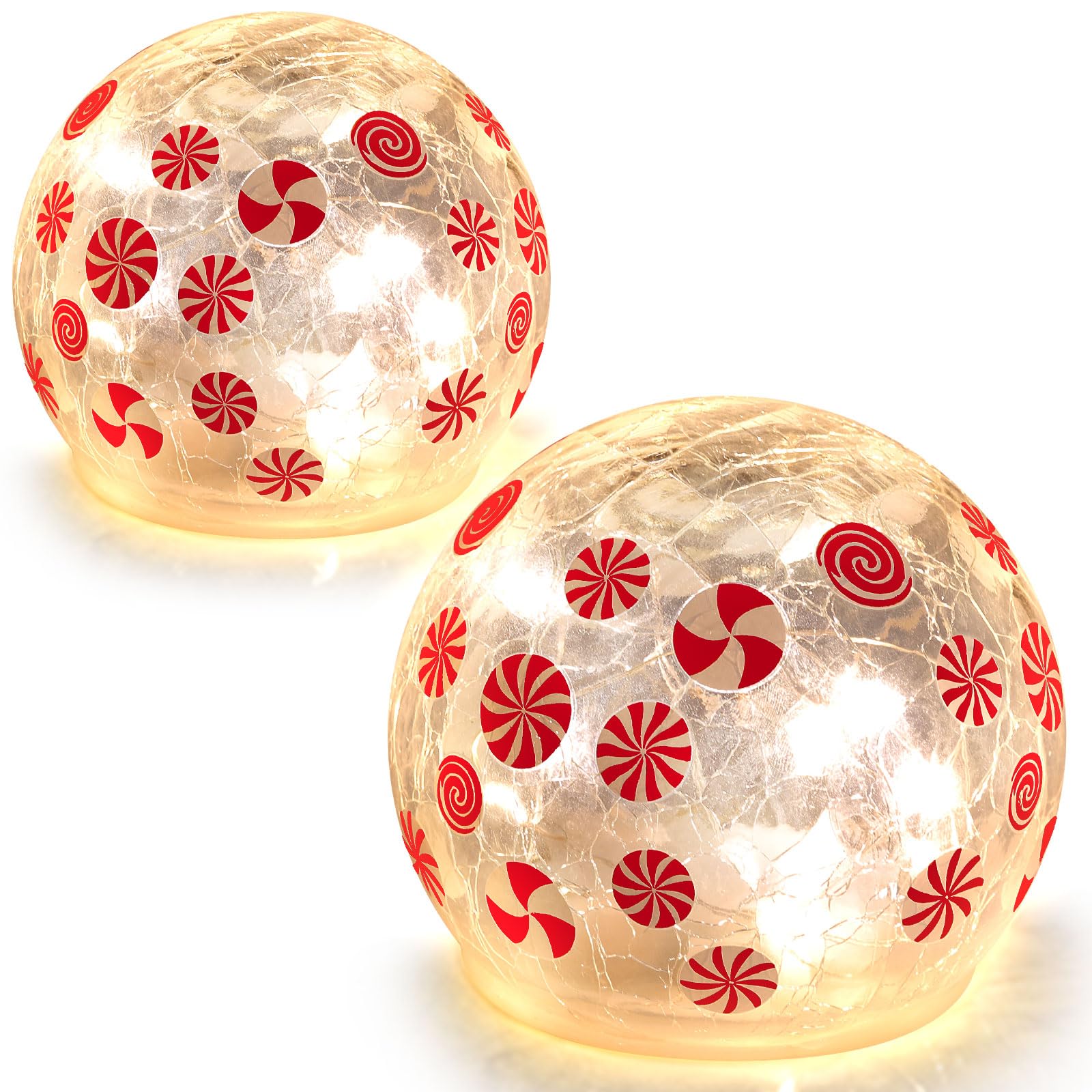 2 Pack Peppermint Christmas Lights Decorations - 3.9 Inch Battery Operated Crackle Glass Ball Lights, Candy Globe Night Lights for Christmas Tabletop Decor, Indoor Holiday Table Lamps - Perfect for Christmas Tree, Mantel, Centerpiece, and Festive Home Decor
