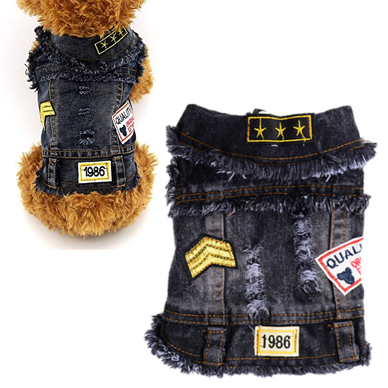 DOGGYZSTYLE Denim Dog Jacket for Small & Medium Dogs - Stylish Pet Hoodie Vest with Print (XS, Black) - Perfect for Outdoor Walks, Pet Fashion & Cold Weather Protection