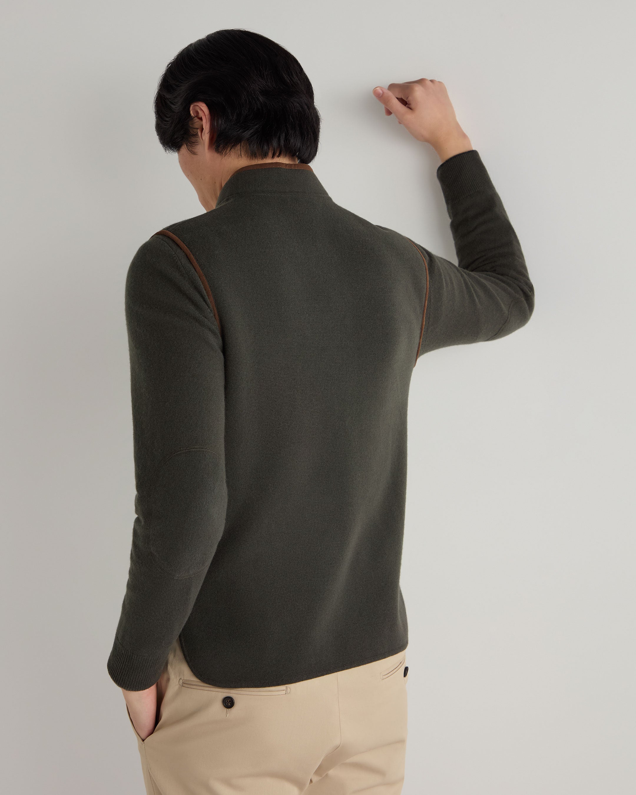 Men's Cashmere Gilet with Suede Trim - Arabica Khaki Green Color - Perfect for Casual Outfits & Layering in Fall/Winter