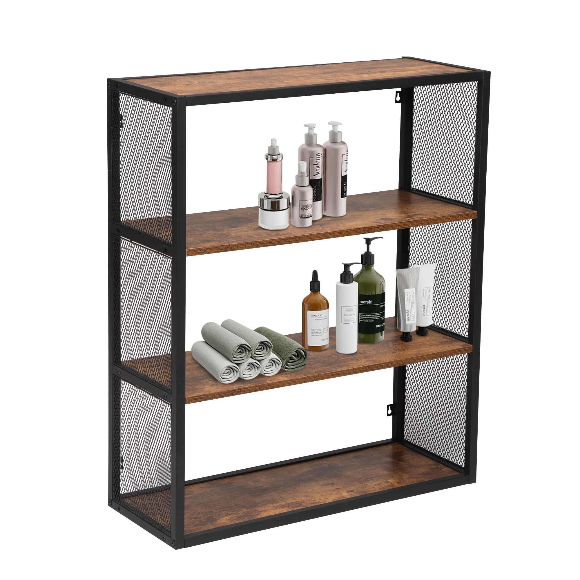 4 Tier Wall Mounted Storage Shelves - Rustic Brown Multipurpose Bookcase for Home, Salon, Barber & Tattoo Shop - Perfect for Organizing Books, Beauty Supplies & Decorative Items