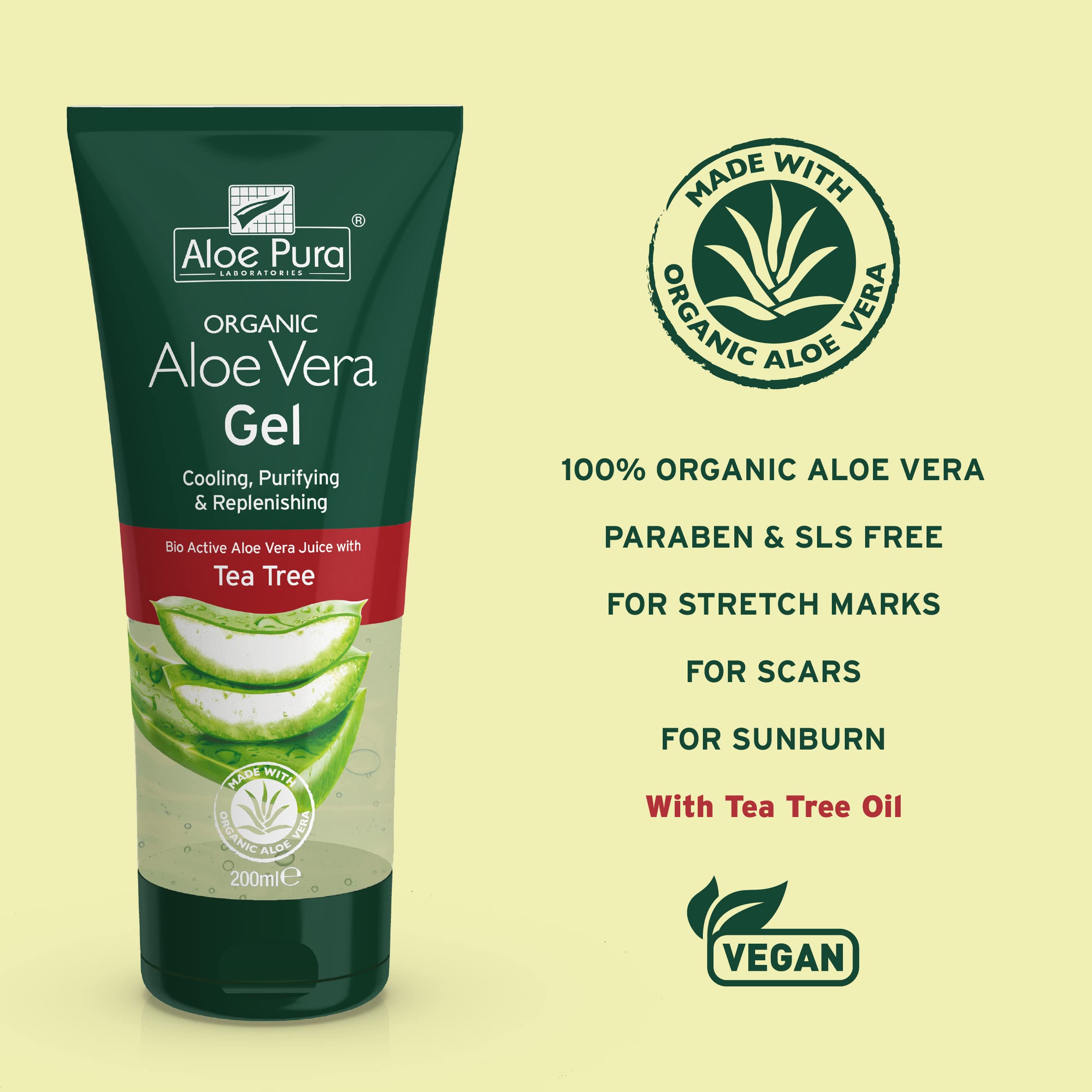 Optima Pure Aloe Vera & Tea Tree Oil Gel 200ml - Soothing Skin Care for Sunburn, Acne & Dry Skin Relief