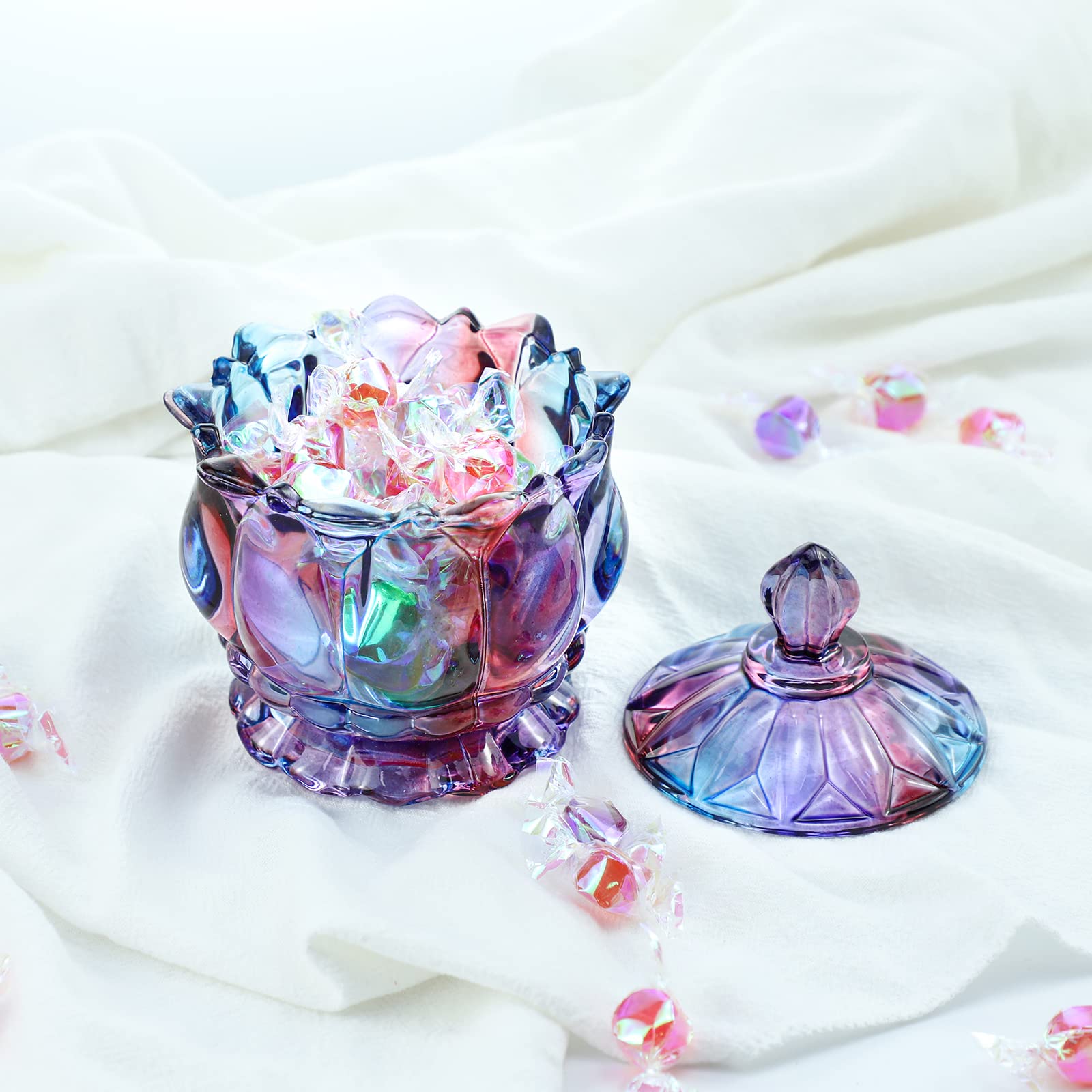 Royal Embossed Clear Glass Apothecary Jar with Lid - 7oz Wedding Candy Buffet Container, Crystal Jewelry Storage Box, Food Storage Jar (Flower Purple) - Perfect for Party Decor, Candy Display, Bathroom Organizer & Home Decor