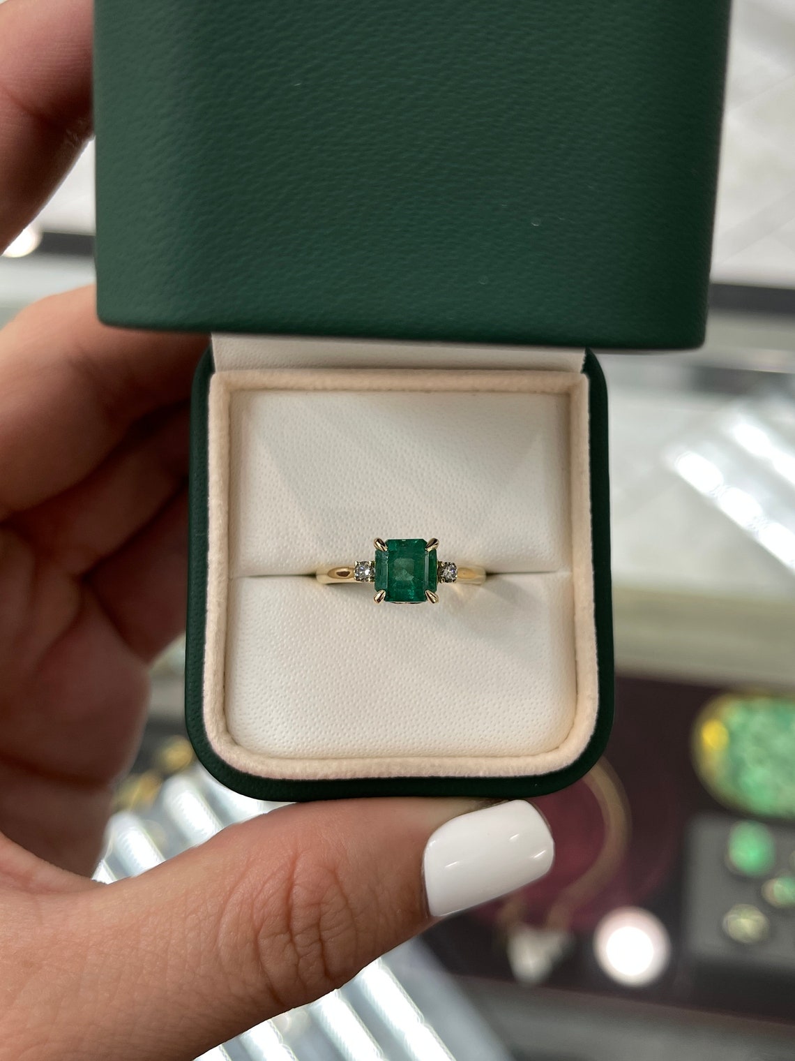 1.85tcw 14K Gold Asscher Cut Genuine Emerald & Diamond Three-Stone Engagement Ring for Women - Medium Dark Green Gemstone Wedding Band, Anniversary Gift, Proposal Jewelry