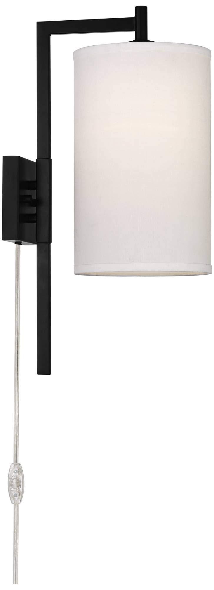 Possini Euro Bixby Modern Wall Mounted Plug-in Sconce Set of 2 - Black Metal Frame with White Fabric Drum Shades for Bedroom, Living Room, Hallway - Perfect for Reading, Ambient Lighting & Home Decor