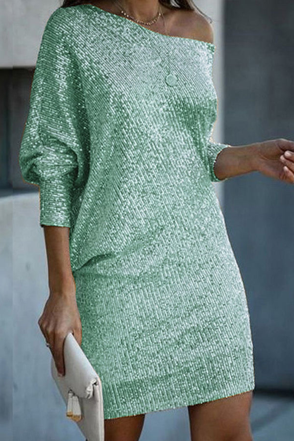 Elegant Solid Sequined Off-Shoulder Loose Mini Dress for Women - Perfect for Parties, Date Nights & Special Occasions