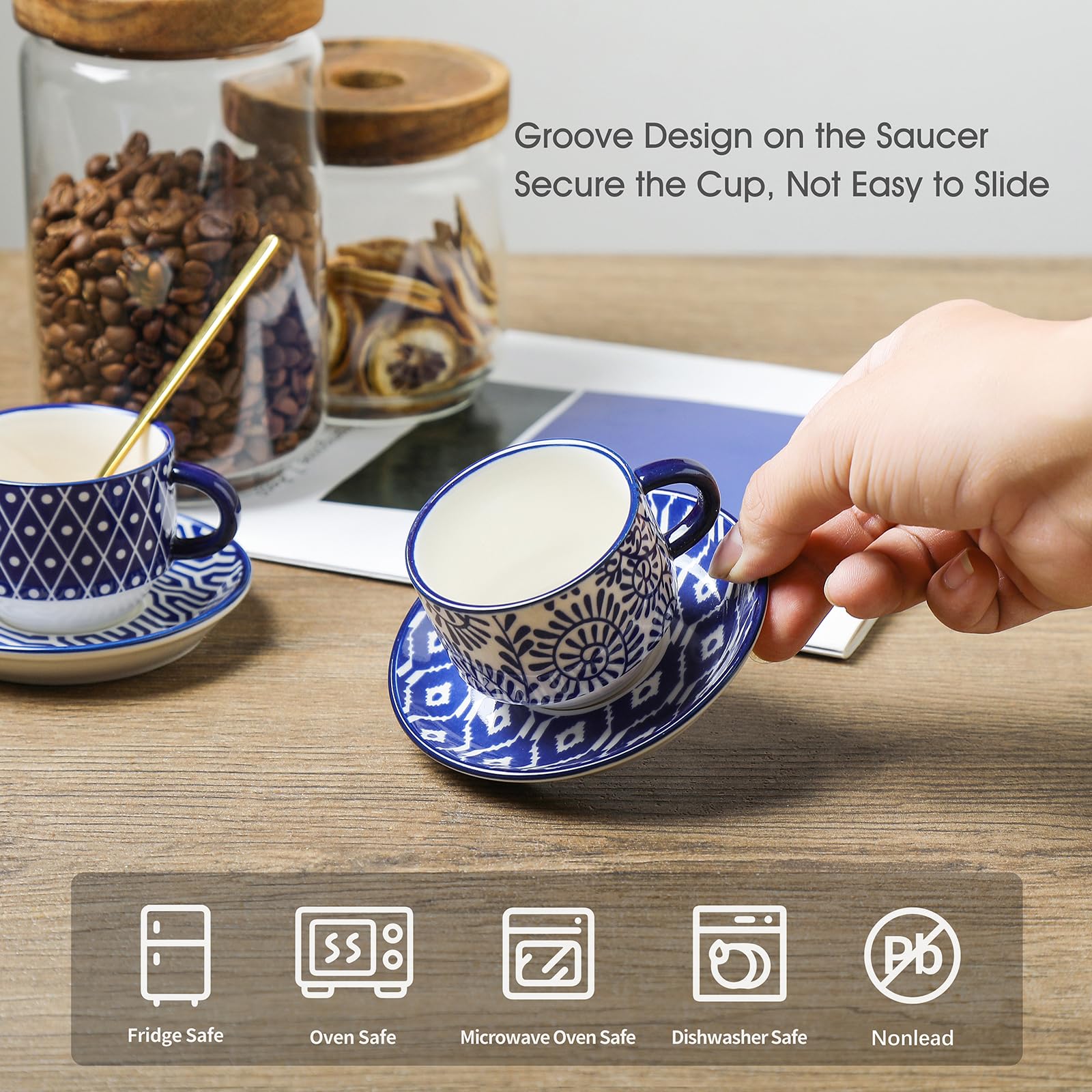Selamica 8 oz Ceramic Cappuccino Cups with Saucers & Metal Stand - Stackable Espresso Coffee Mugs for Latte, Americano, Tea - Vintage Blue Coffee Cup Set of 4 - Perfect for Home, Cafe & Office Use