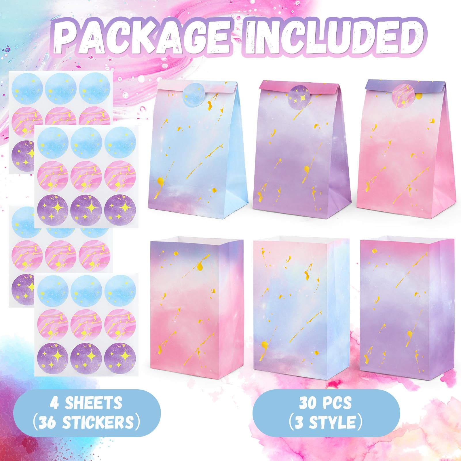 HEJIN 30PCS Tie Dye Party Favor Bags with Stickers - Pink & Purple Mermaid Unicorn Gift Bags for Girls Birthday Party, Baby Shower, Halloween, Wedding Favors | Perfect for Kids Party Supplies, Goodie Bags, Celebration Decorations and Festive Events