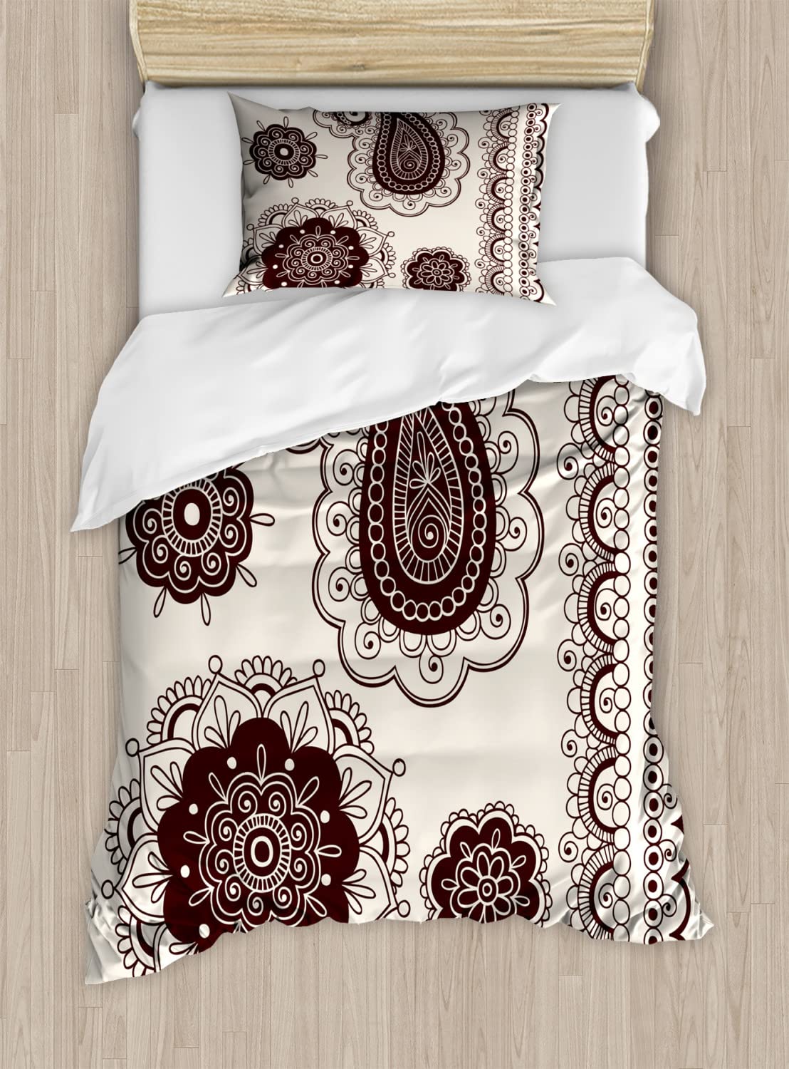 Ambesonne Oriental Duvet Cover Sets - Intricate Hand-Drawn Tattoo Paisley Doodle Design, 2-Piece Twin Size Bedding Set with 2 Duvet Covers & 2 Pillowcases in Dark Brown & Cream | Perfect for Bohemian Bedroom Decor, Guest Room Makeover & Unique Home Styling