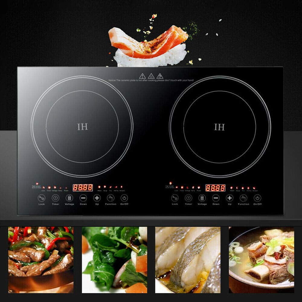 Black Crystal Panel Induction Cooker 110V - Double Burner Electric Hot Plate Stove, 1200W Countertop Cooktop with 8 Power Levels - Perfect for Griddle, Pan, Wok & Home Kitchen Cooking