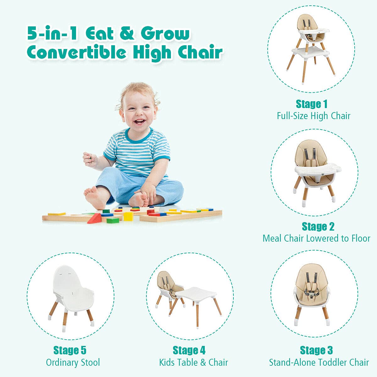 HONEY JOY 5-in-1 Convertible Wooden High Chair for Babies & Toddlers - Adjustable Feeding Tray, Safety Harness, Convertible to Table & Chair Set (Khaki) - Perfect for Dining, Learning & Playtime at Home