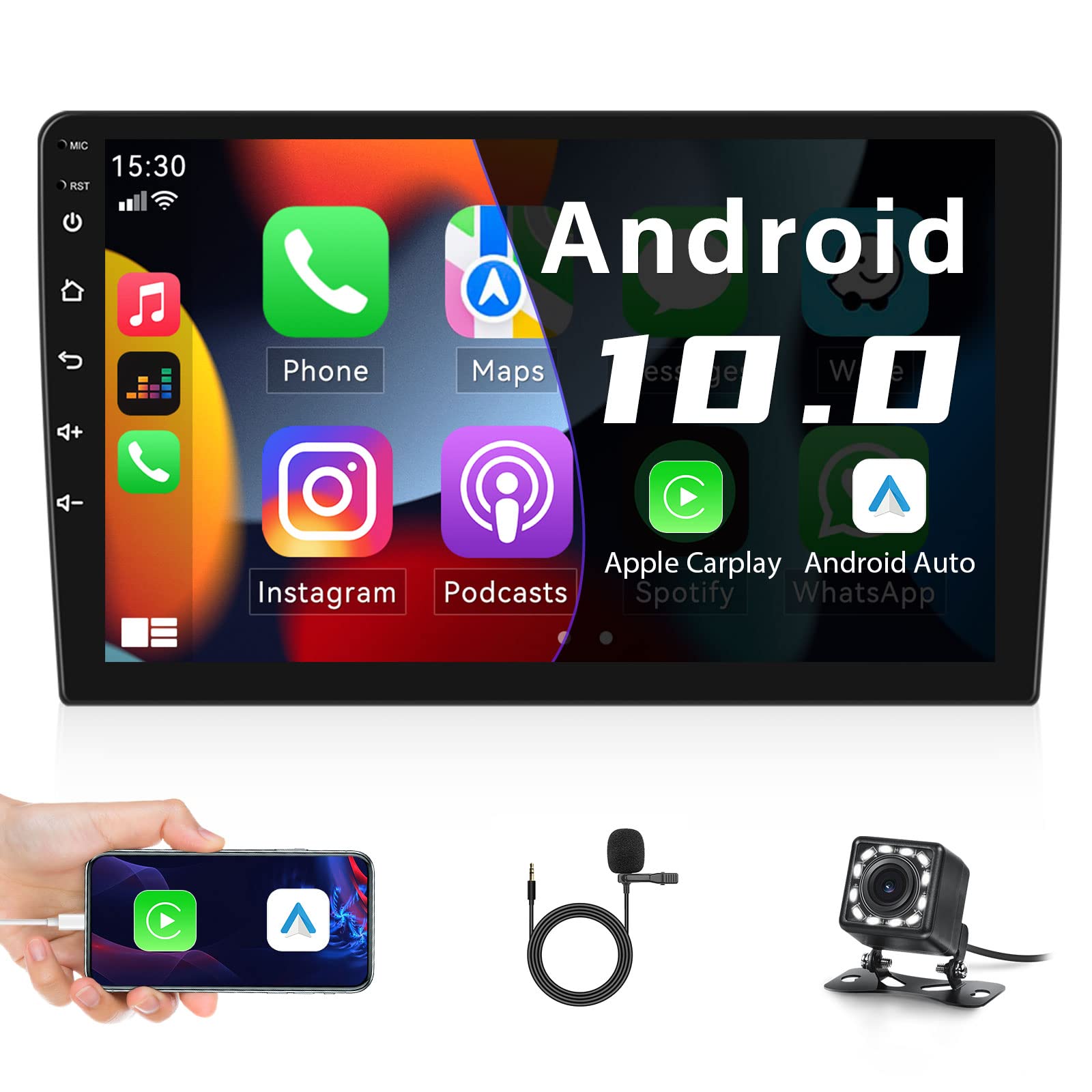 AMprime 9 Inch Android Double Din Car Stereo with Apple CarPlay & Android Auto - Touchscreen GPS Navigation, Bluetooth, WiFi, FM Radio, SWC + Backup Camera & External Mic | Perfect for Road Trips & Daily Commutes