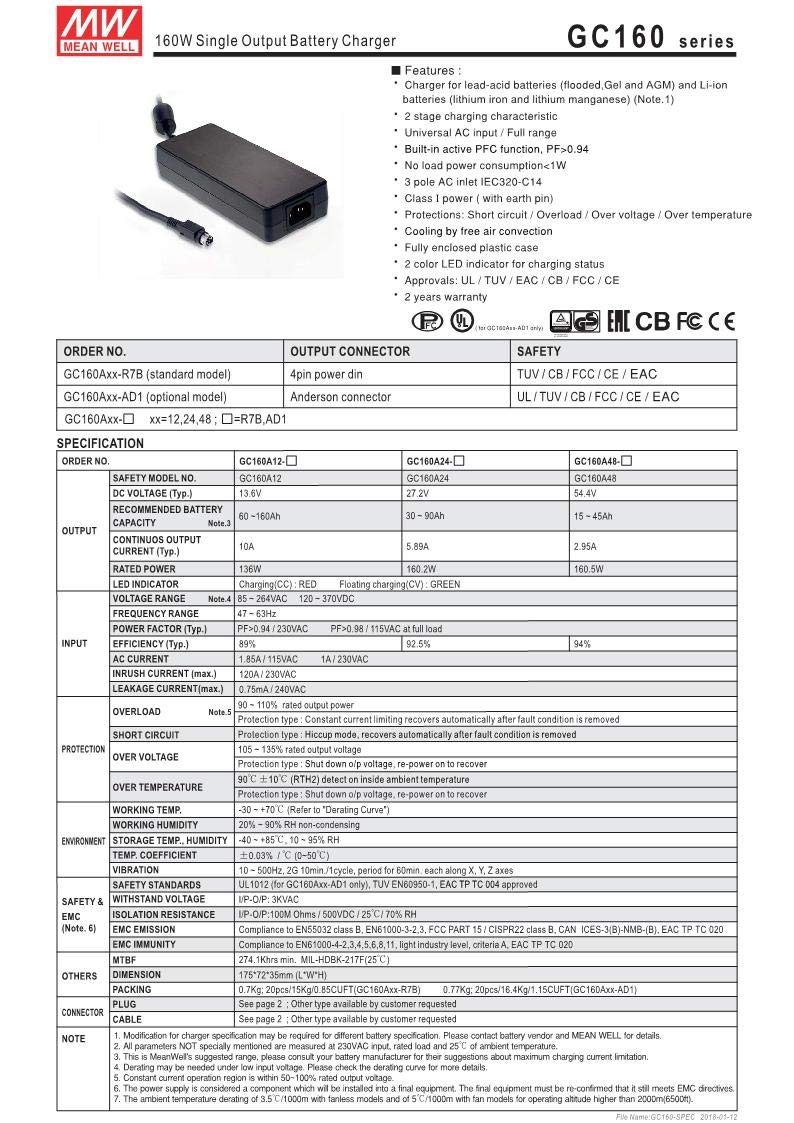 MEAN WELL GC160A12-AD1 13.6V 10A 136W Single Output Battery Charger - Green Energy Efficient Power Supply for RVs, Boats, Solar Systems & Off-Grid Applications