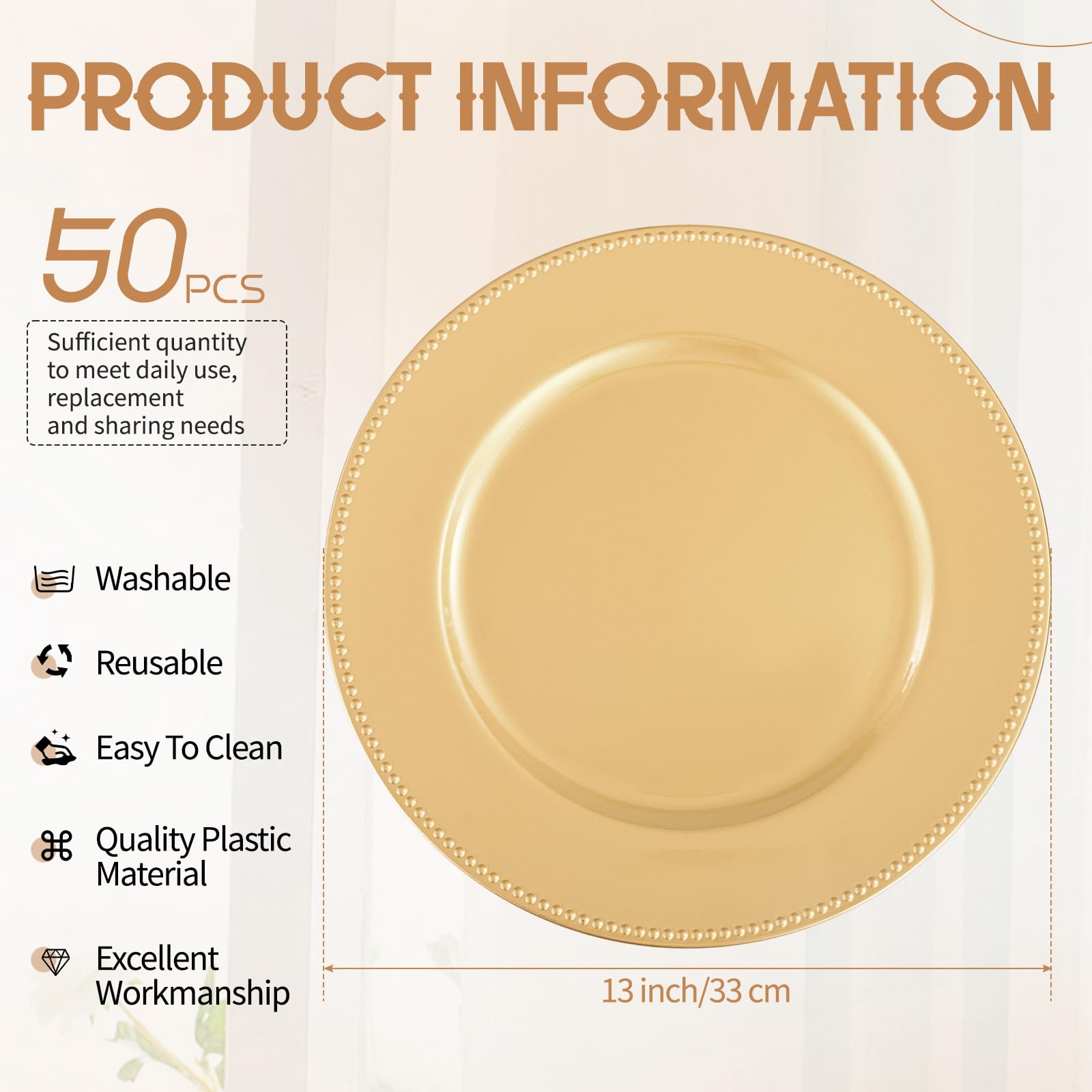 50 Pcs Gold Plastic Charger Plates - 13 Inch Round Beaded Decorative Dinner Plate Chargers for Weddings, Parties & Events (Holiday Decor, Baby Shower, Table Setting) - Elegant Tableware for Formal Dining & Special Occasions