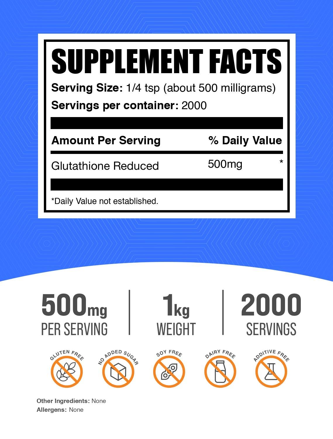 BulkSupplements Pure Glutathione Reduced Powder 500mg - Premium Glutathione Supplement for Immune Support & Detox - 1kg (2.2 lbs) Gluten Free, Vegan - Antioxidant Boost for Skin Whitening, Liver Health & Anti-Aging