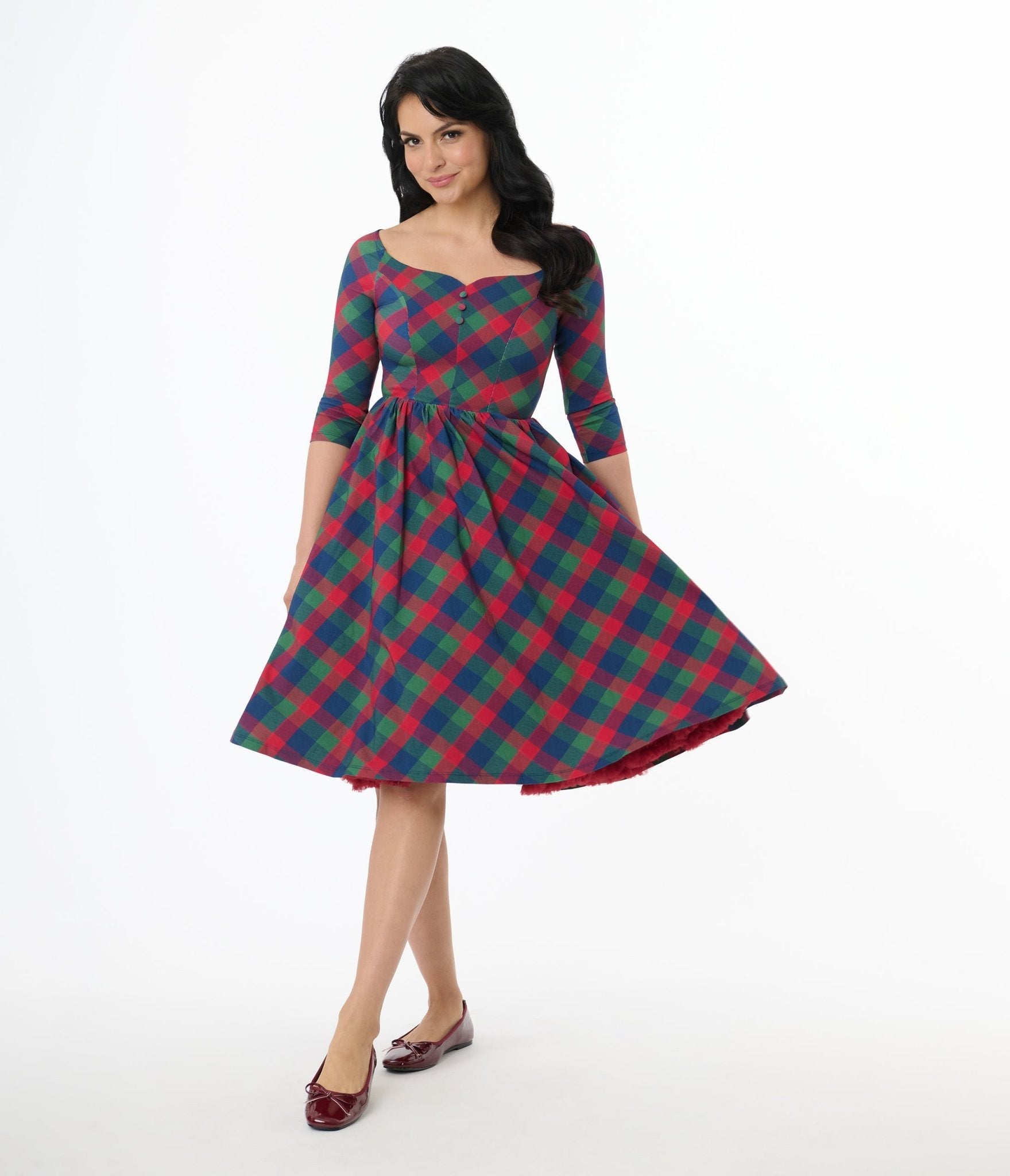Vintage 1950s Green and Red Plaid Swing Dress - Retro Sweetheart Neckline A-Line Cocktail Party Dress for Women | Perfect for Holiday Parties, Christmas Events & Vintage Theme Weddings