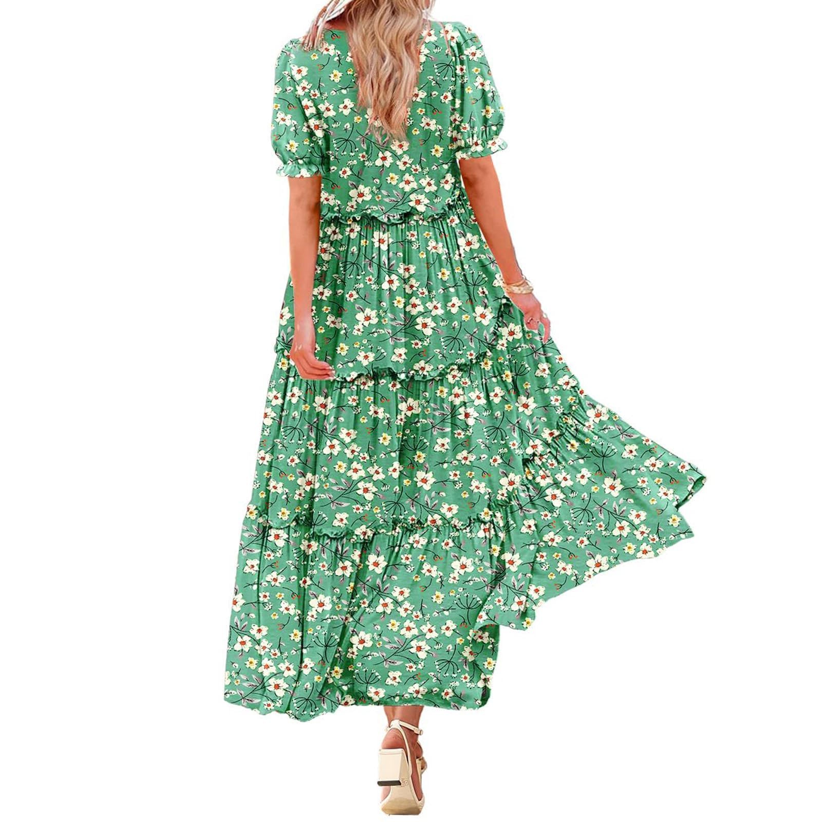 2024 Women's Summer Boho Floral Maxi Dress - Loose Fit Crewneck Ruffled Sun Dress for Vacation & Beach Outings | Perfect for Tropical Getaways and Summer Festivals