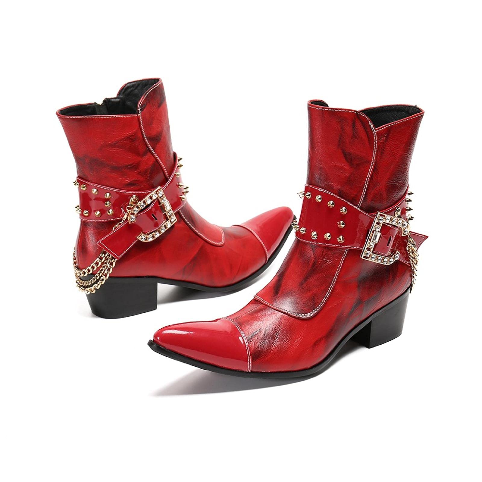 Men's Fashionable Red & Black Leather Chelsea Boots with Zipper - High-Heel Iron Toe Pointed High-Top Martin Boots for Casual Wear, Night Out & Office Style - Size 41