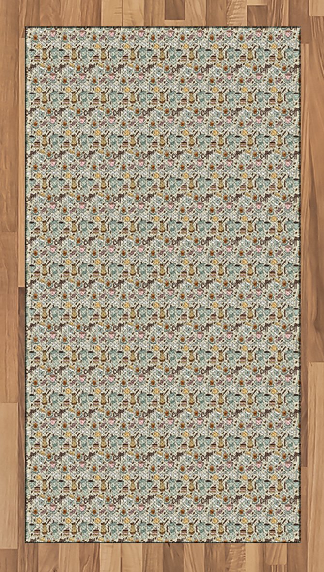 Lunarable Coffee Themed Area Rug - Doodle Style Illustration with Coffee, Sweets, Sugar Cubes, Cupcakes & Chocolate - Flat Woven Accent Rug 2'6